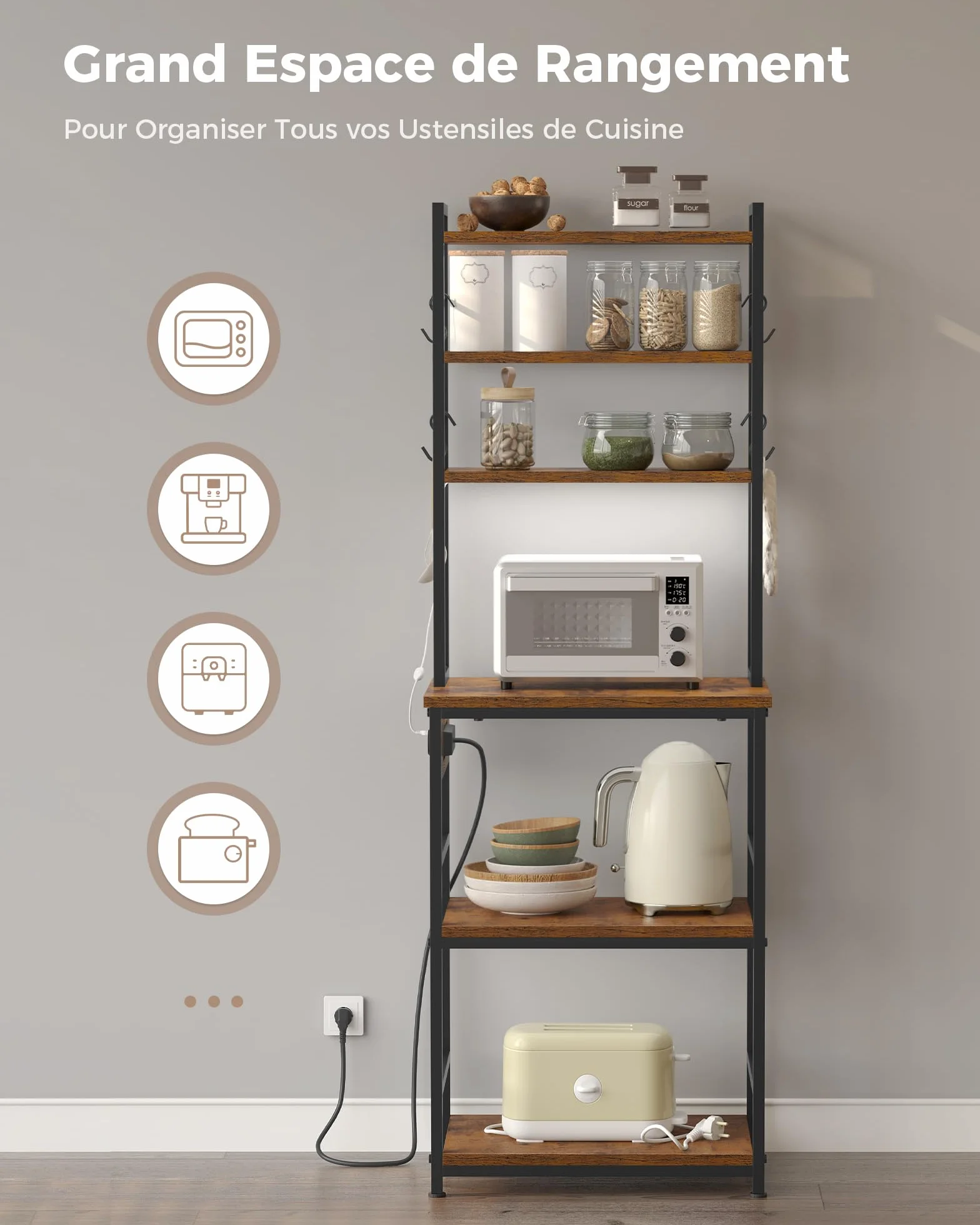 KIMENICH Étagère de Cuisine, Meuble de Cuisine avec LED et Multiprise, Étagère à Micro-Ondes à 6 Niveaux avec 8 Crochets en S, pour Cuisine, Salon, 40 * 60 * 174 cm, Marron