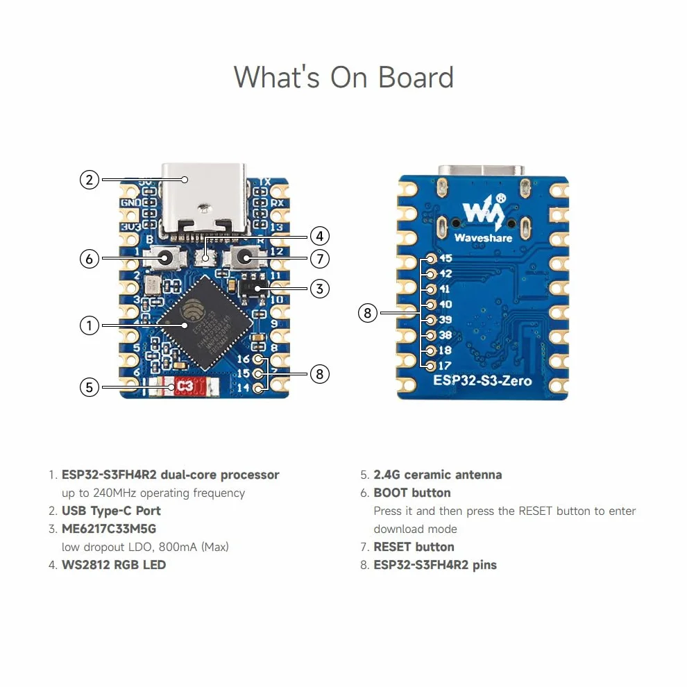 Waveshare ESP32-S3 Mini Development Board 2pcs Dual-Core 240MHz 2.4GHz Wi-Fi