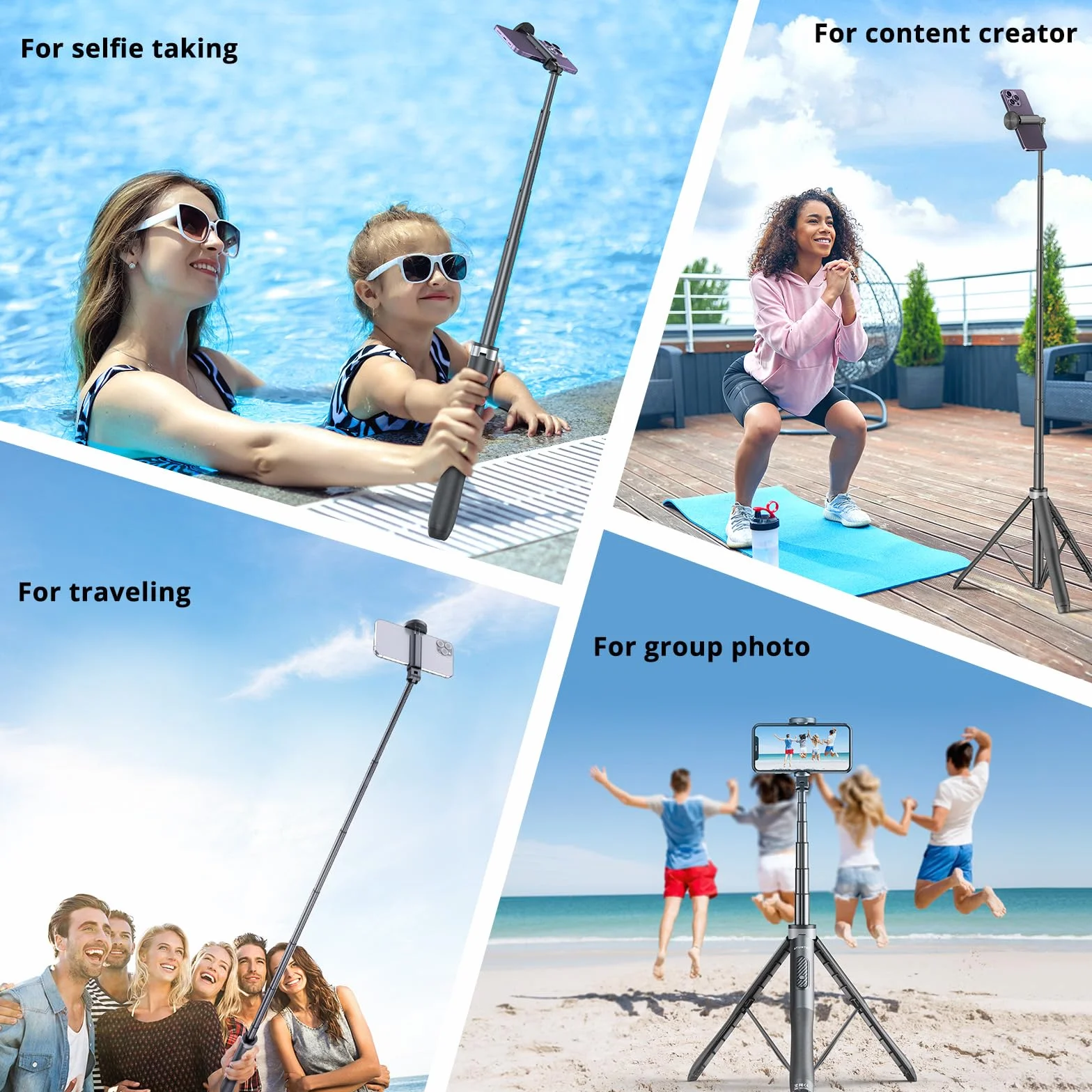 ATUMTEK Kijek do selfie 130 cm, Bluetooth, z wytrzymałym aluminium i antypoślizgowymi stópkami, trójnożny, do iPhone'a i telefonu z systemem Android, do selfie, nagrywania wideoblogów, strumieniowania na żywo.