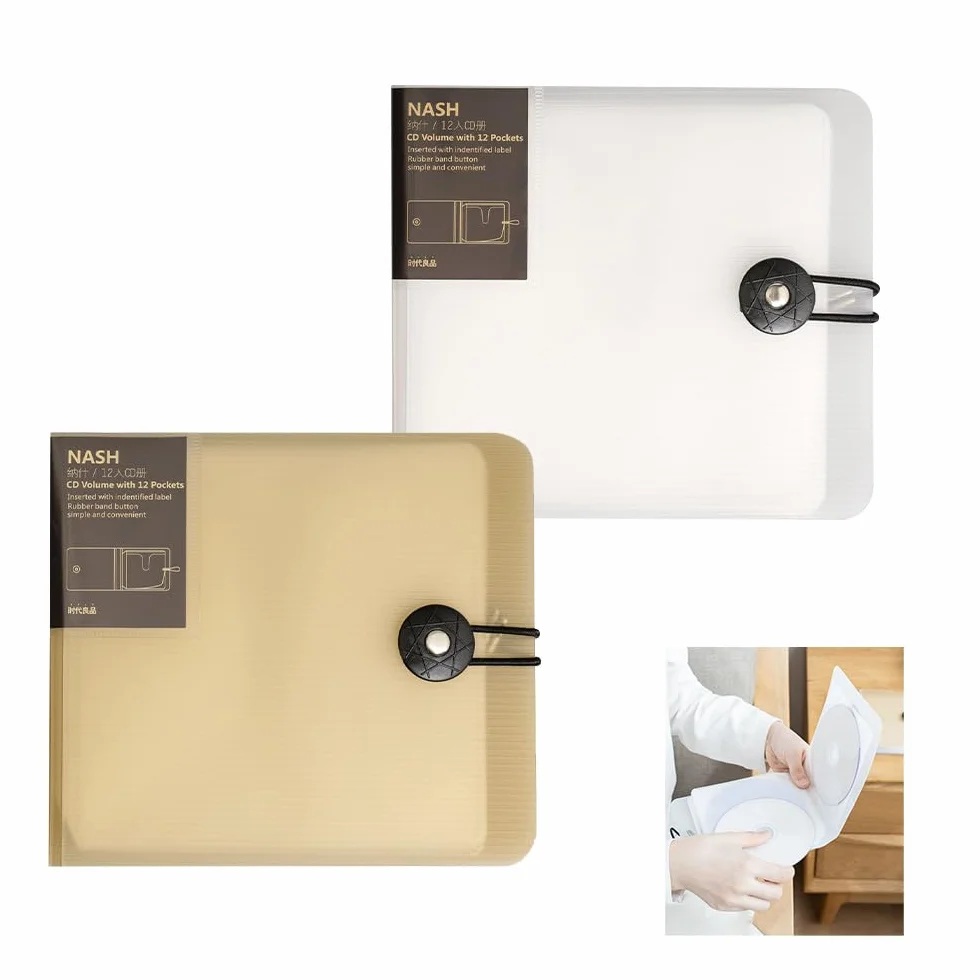 Etui de rangement pour CD, Support de DVD en Plastique Rigide, Protection pour Voyages en Voiture (12 Capacités, 1 blanc + 1 marron)