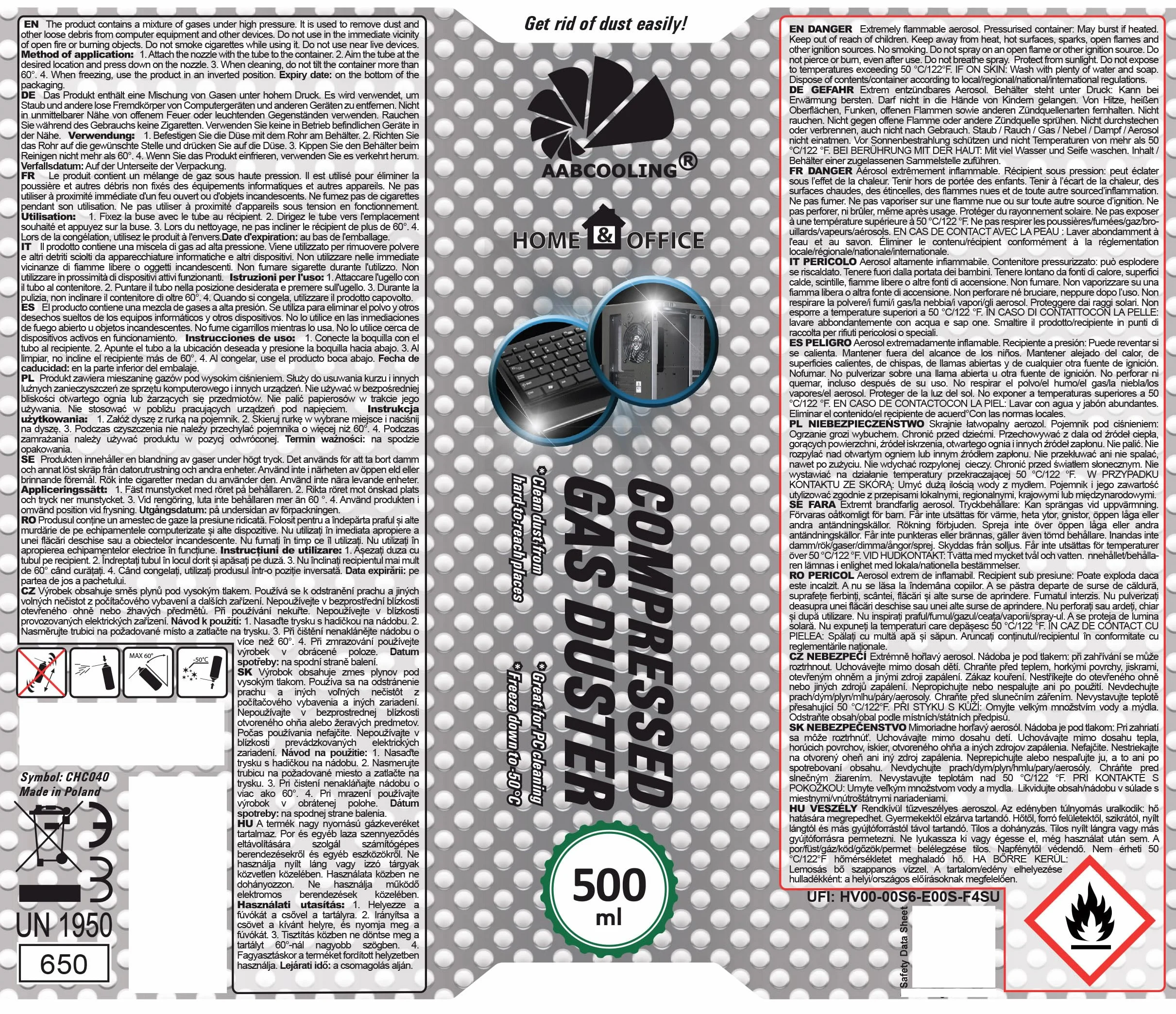 AABCOOLING 3 x 500 ml Home&Office sprężone powietrze w sprayu K1 dmuchawa do kurzu, ciśnienie powietrza, materiały biurowe, urządzenia czyszczące, puszka aerozolu