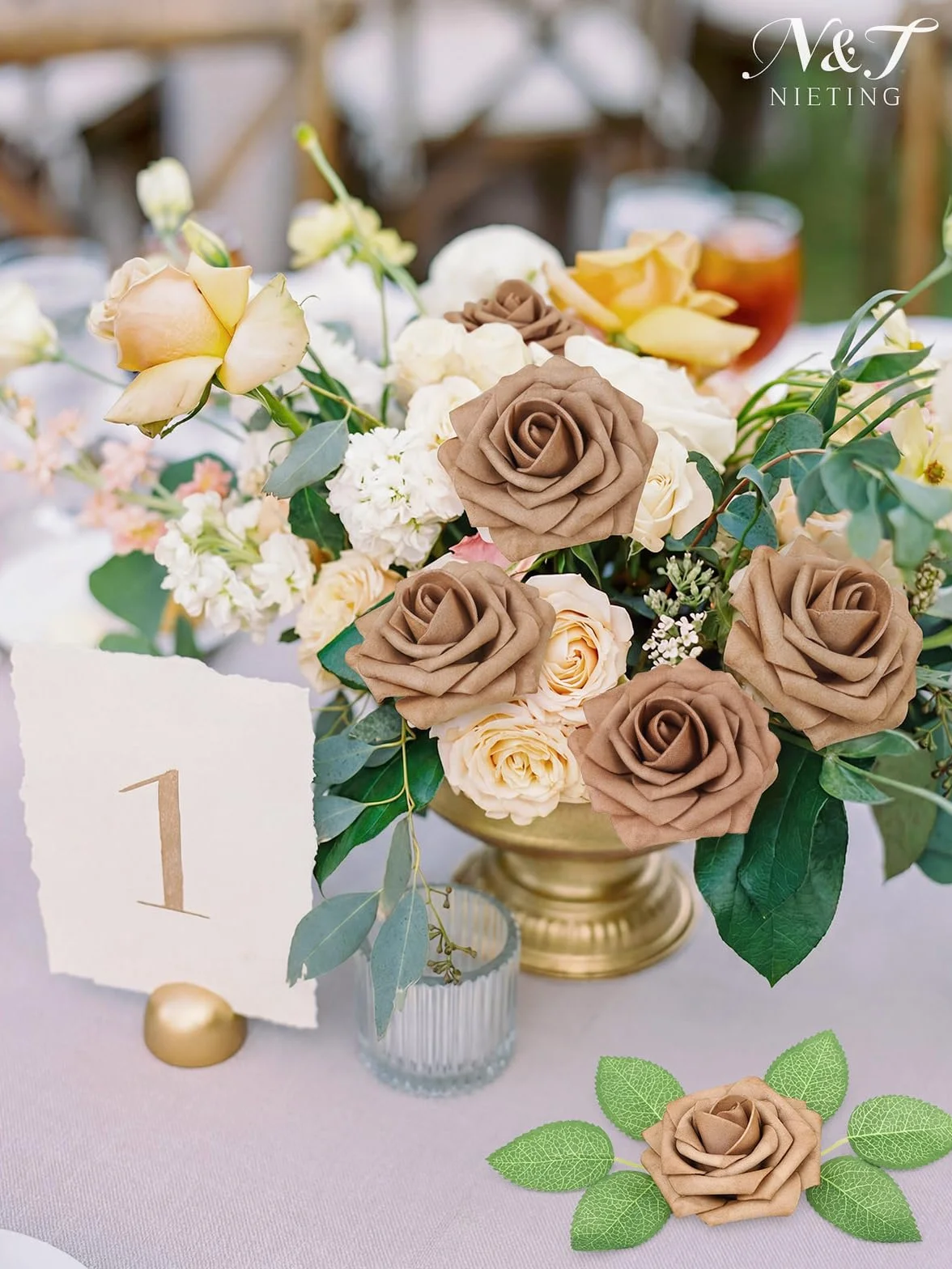 N&T NIETING Fleurs Artificielles Roses 25PCS Mousse Rose avec Feuille et Tige Ajustable Fausses Fleurs pour Décoration Mariage