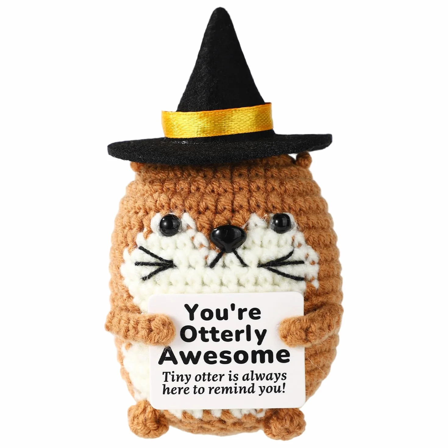 TOYMIS Loutre de Mer Tricotée Artisanal Positive Chapeau Sorcière Halloween Mignon Poupée Soutien Émotionnel (Marron)