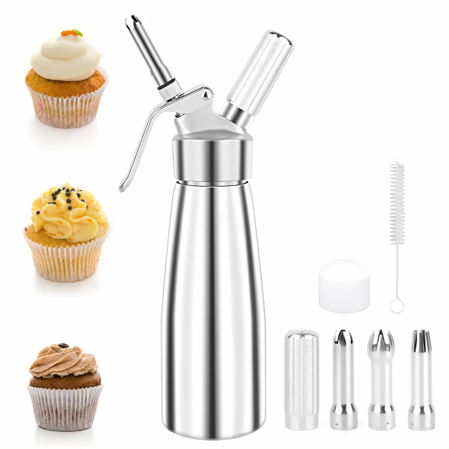 Siphon Chantilly 500ml Aluminium avec 3 Douilles Inox et Brosse Nettoyage pour Crèmes et Mousses