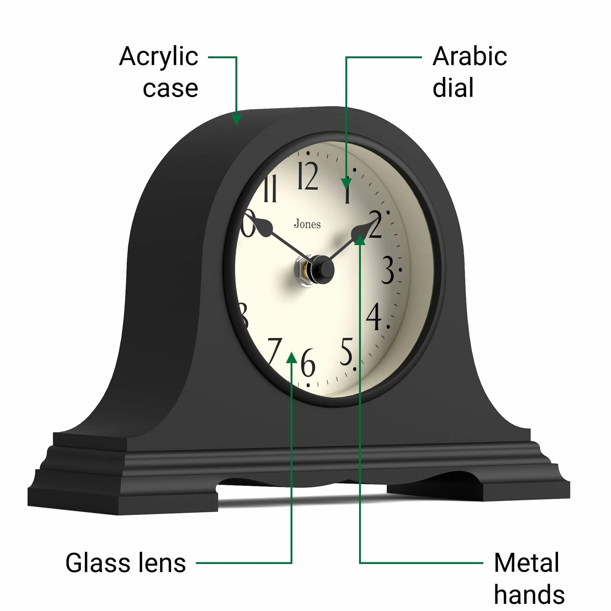 JONES CLOCKS® Speakeasy Petite Horloge à cheminée | Conception Classique du Chapeau de Napoléon | Noir | Style Classique Contemporain pour Bureau, Table, étagère ou Table de Chevet