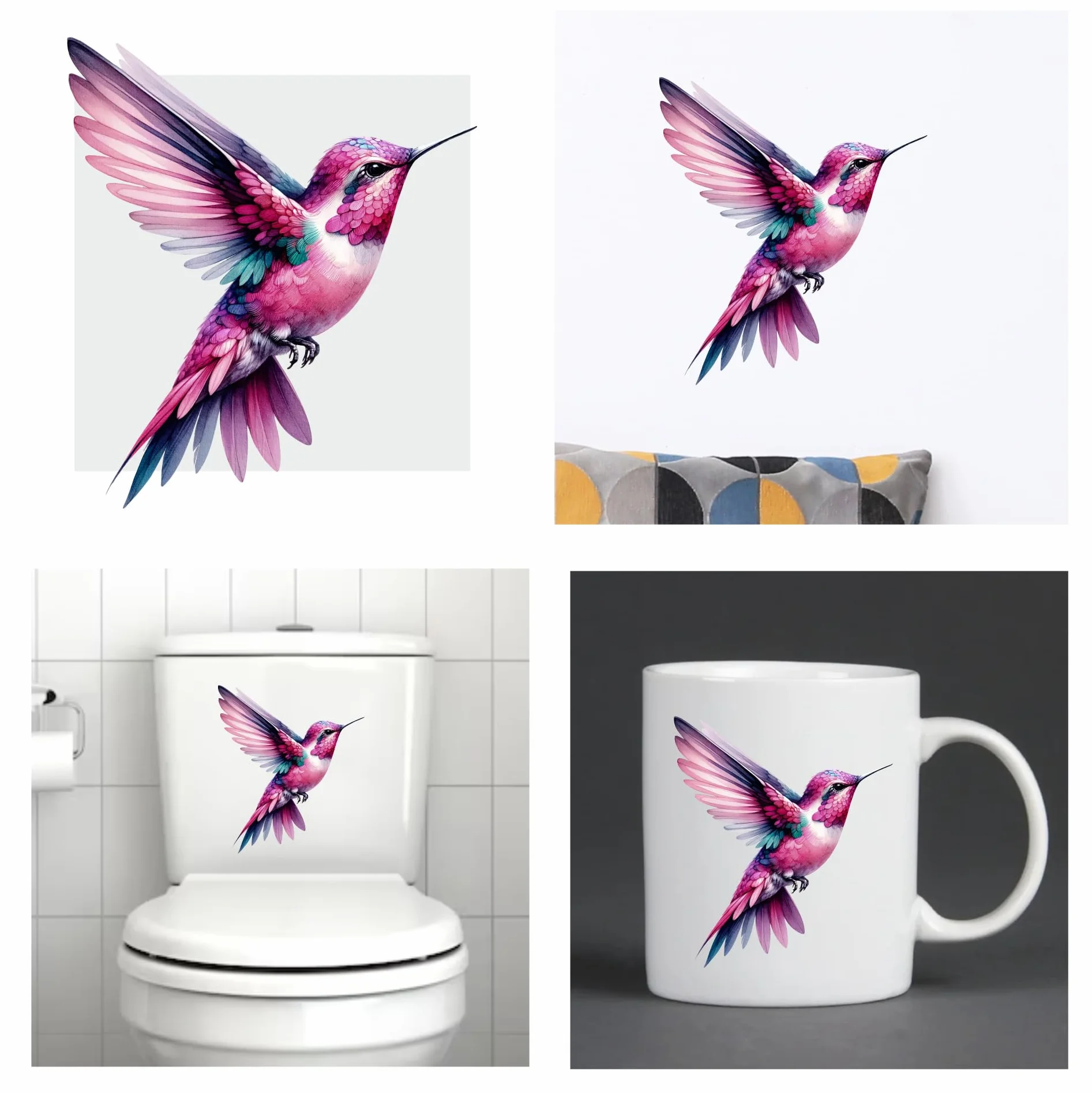 Lot de 4 autocollants colibris roses imperméables pour décoration murale