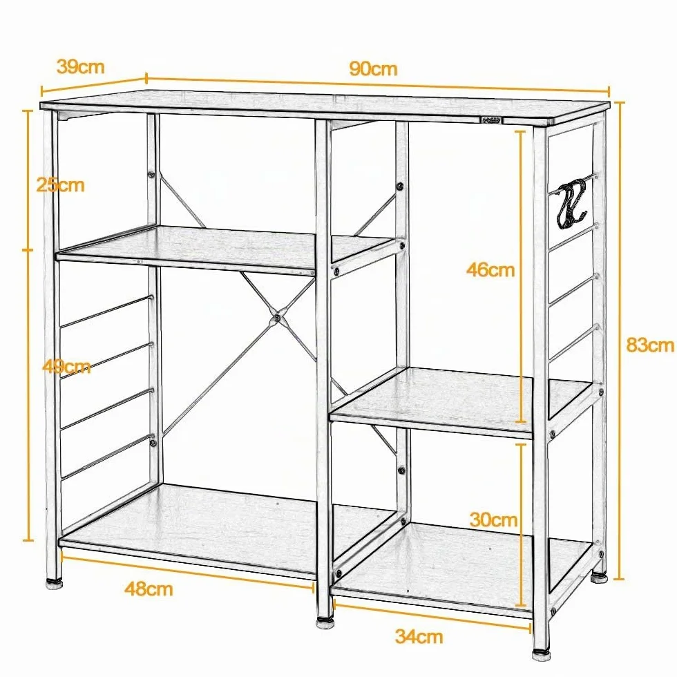 SogesHome Meuble de Rangement Étagère Cuisine Étagère de Boulangerie Support pour Four à Micro-Ondes avec Petits Crochets pour Cuisine, 90 x 40 x 83 cm