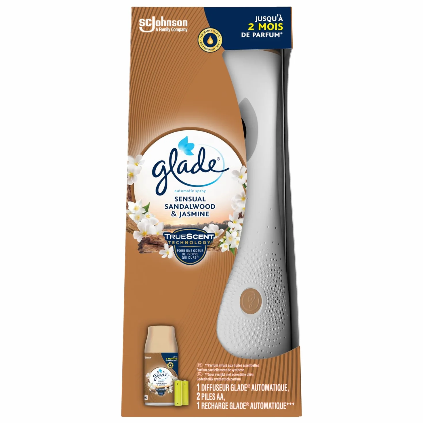 Glade Automatic Spray Diffuseur Infusé Aux Huiles Essentielles Sensual Sandalwood et Jasmine 1 Diffuseur et 1 Recharge