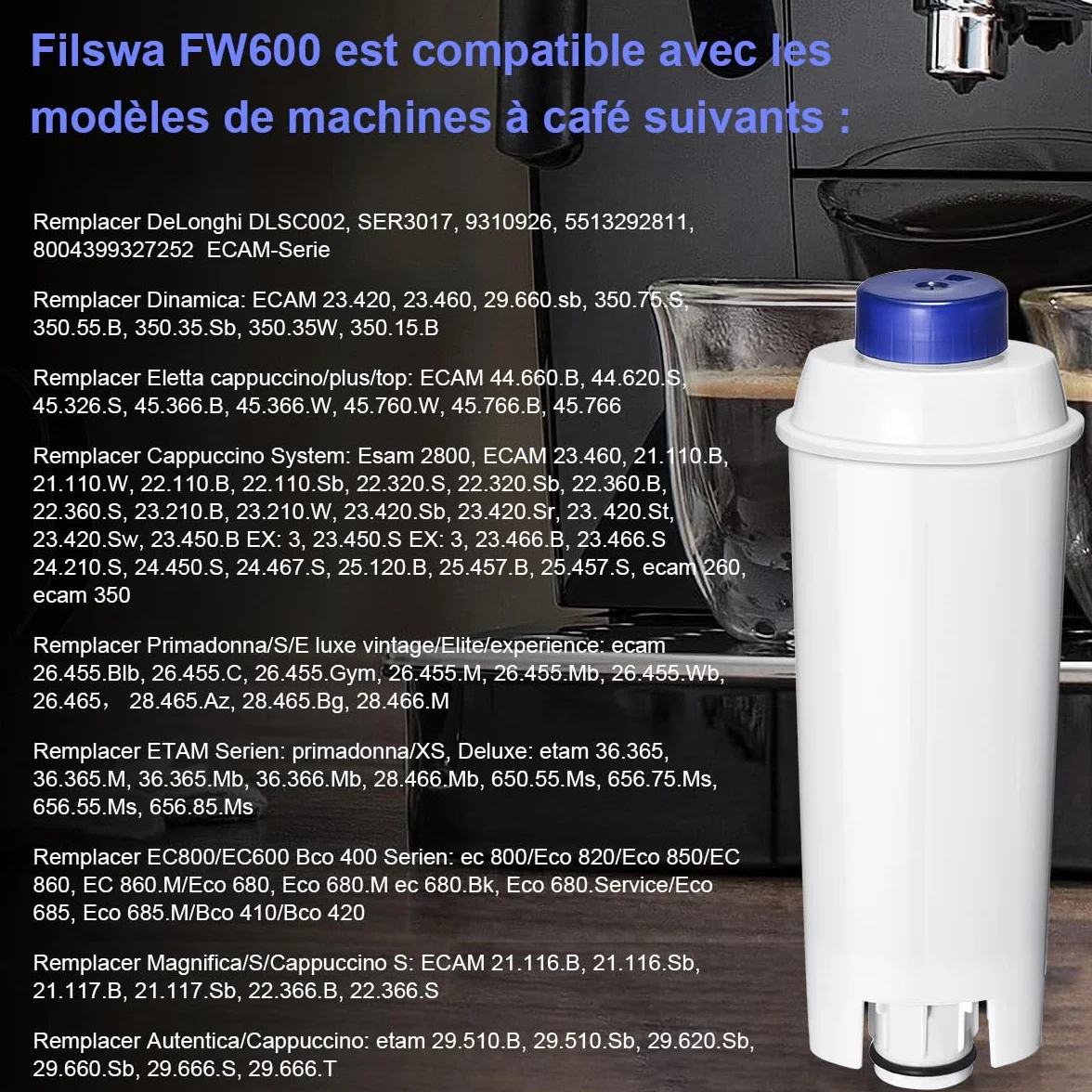 Filtre à eau Delonghi DLSC002 compatible ECAM Dinamica Magnifica S Rivelia ETAM Authentica Esam