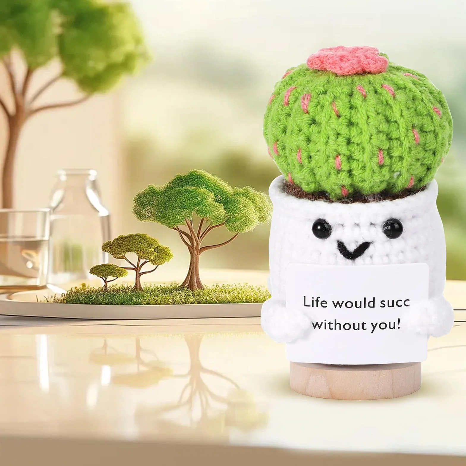 Cactus au Crochet Positif avec Socle, Carte, Cadeau Rétablissement