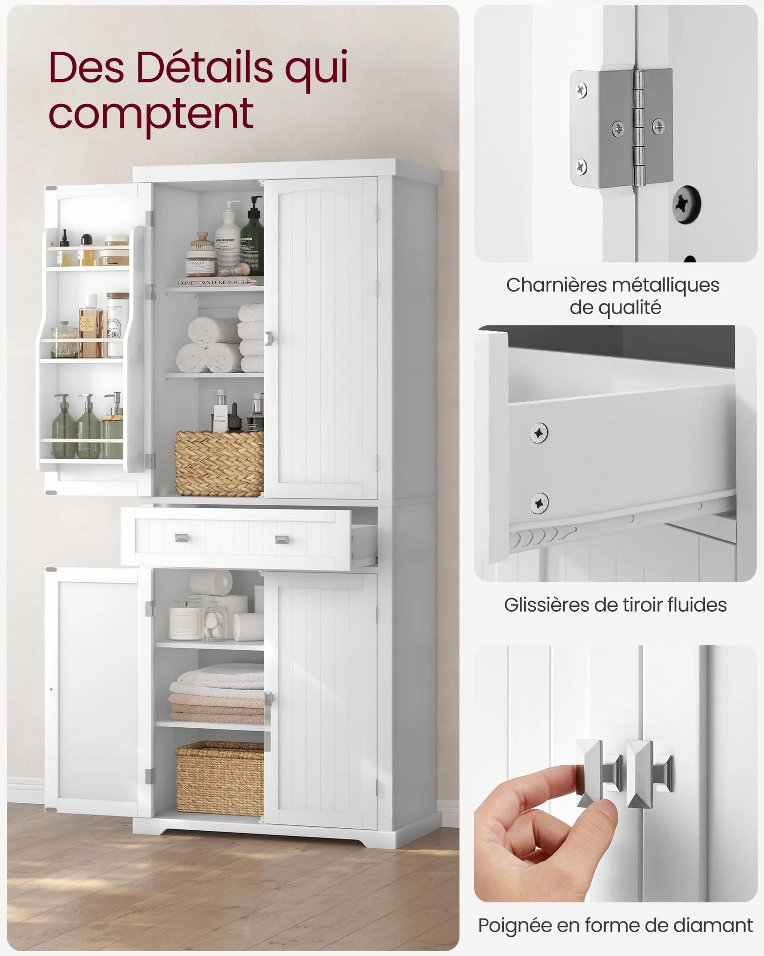 VASAGLE Buffet Haut Cuisine, Meuble de Rangement, Armoire, Vaisselier, Hauteur 182,1 cm, avec Tiroir, Placards, Étagères Réglables, pour Salon, Cuisine, Blanc BBC561W21