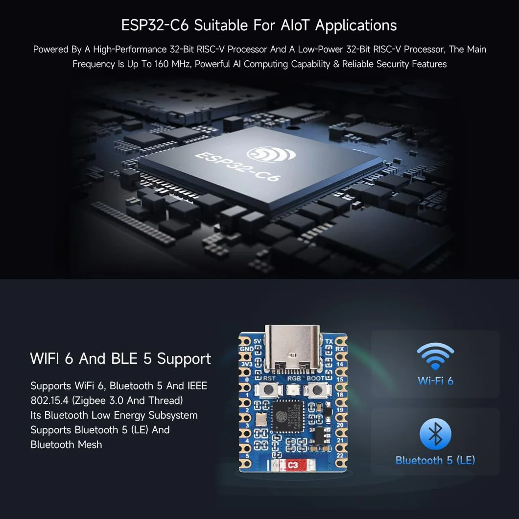 Waveshare ESP32-C6-Zero ESP32-C6 Mini Development Board 2 PCS Based on ESP32-C6FH8 Dual Processors 160MHz 2.4GHz WiFi 6 BT5