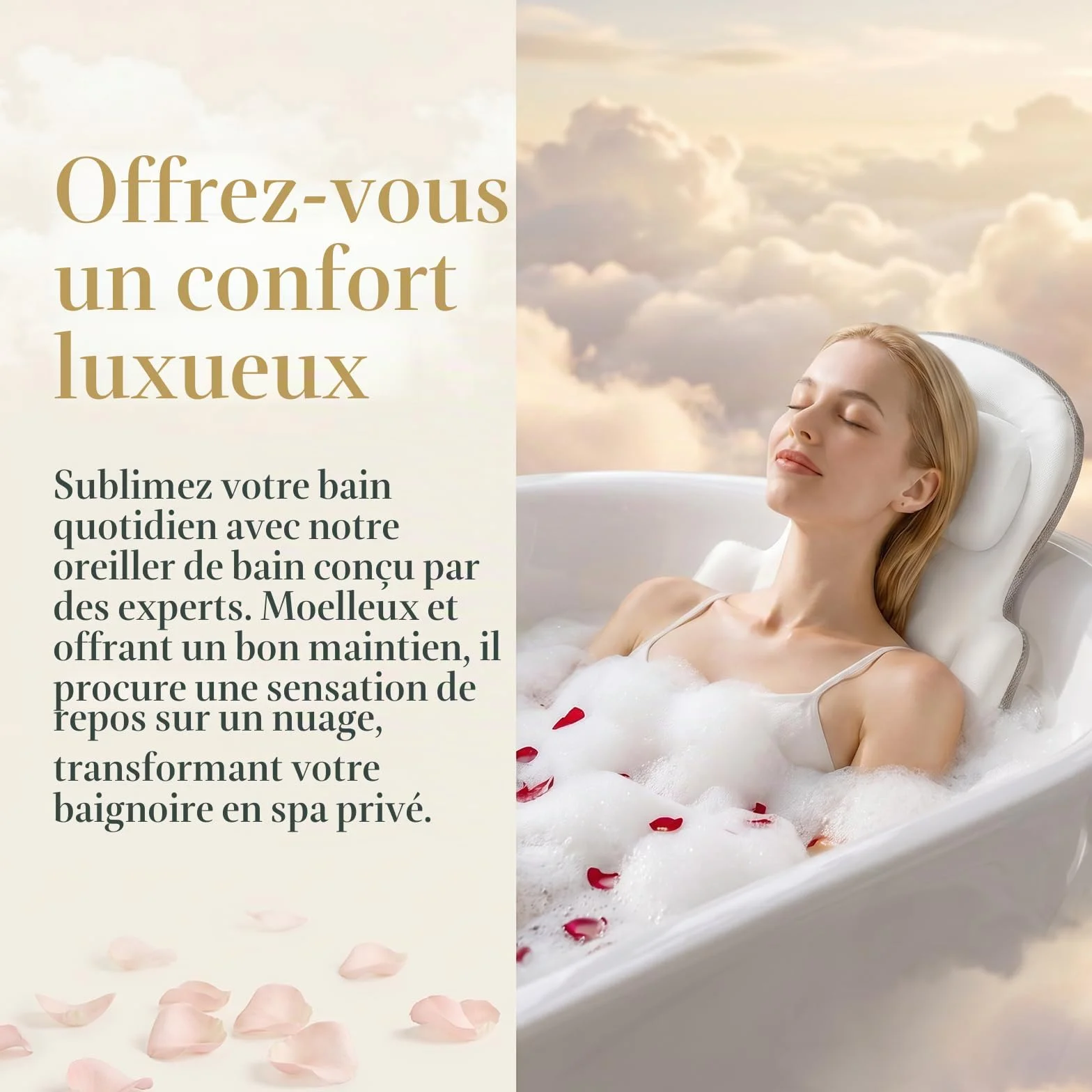 Coussin de bain Sxiiro, luxueux coussin de bain avec 192 ventouses, pour le soutien de la tête et du cou, blanc, 129,5 x 40,6 cm