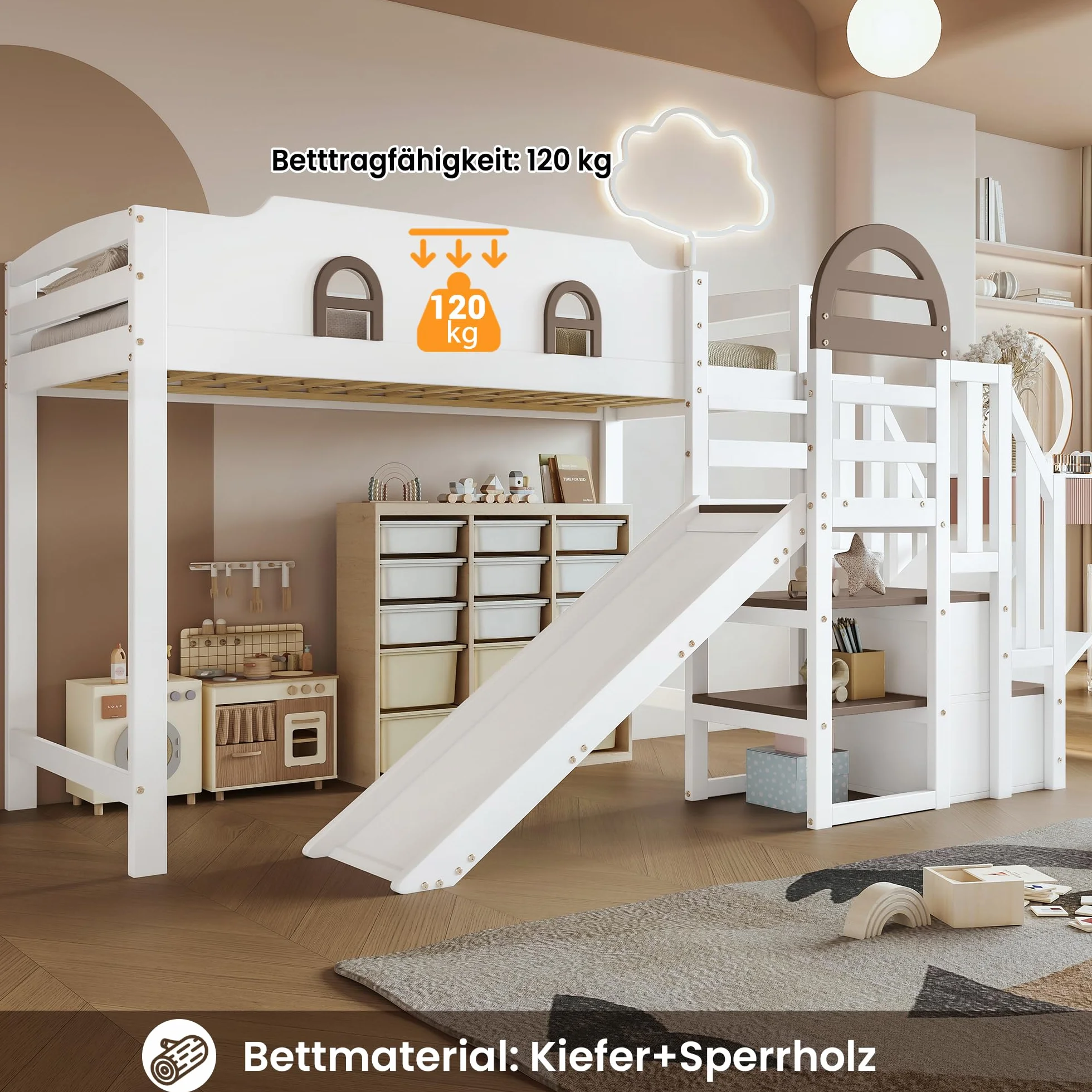 Zepneiy Lit Enfant 90x200 avec Toboggan et Rampe, Lit Superposé Enfant avec 2 casiers dans l'escalier et fenêtre, Pin et MDF Blanc (sans Matelas)