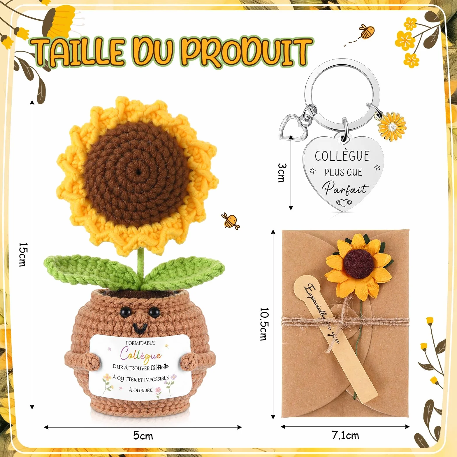 Porte Clés Collègue de Travail Tournesol au Crochet avec Carte de Vœux et Fleurs Séchées
