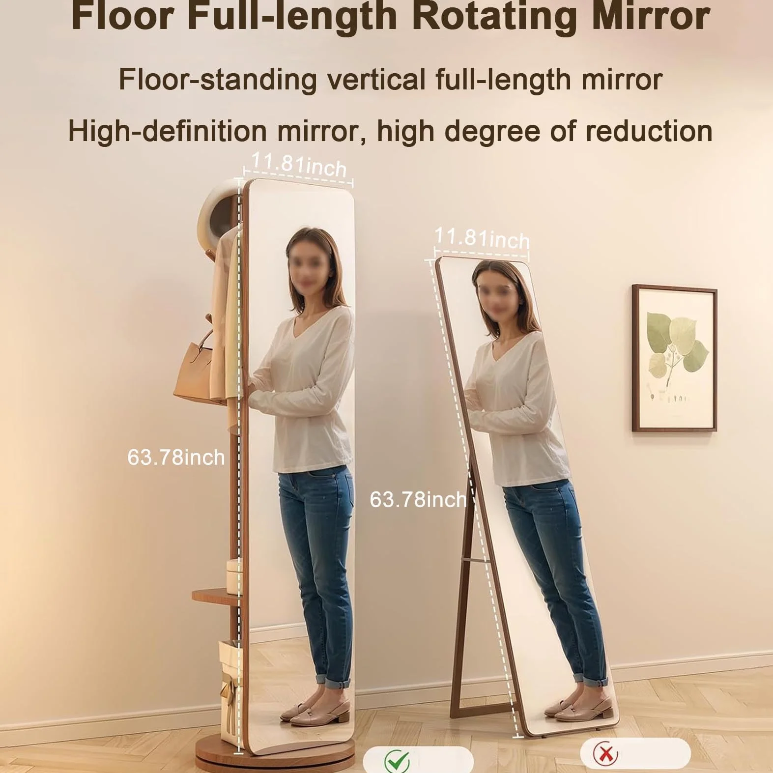Miroir Pleine Longueur Rotatif 360° Bois Massif avec Étagères de Rangement sur Pied Robuste