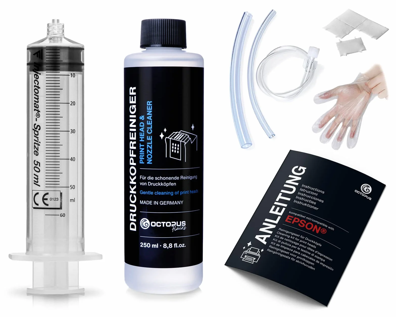 Octopus Środek do czyszczenia dysz, środek do czyszczenia głowic drukujących, kompatybilny z głowicami drukującymi Epson z adapterami węża (250 ml)