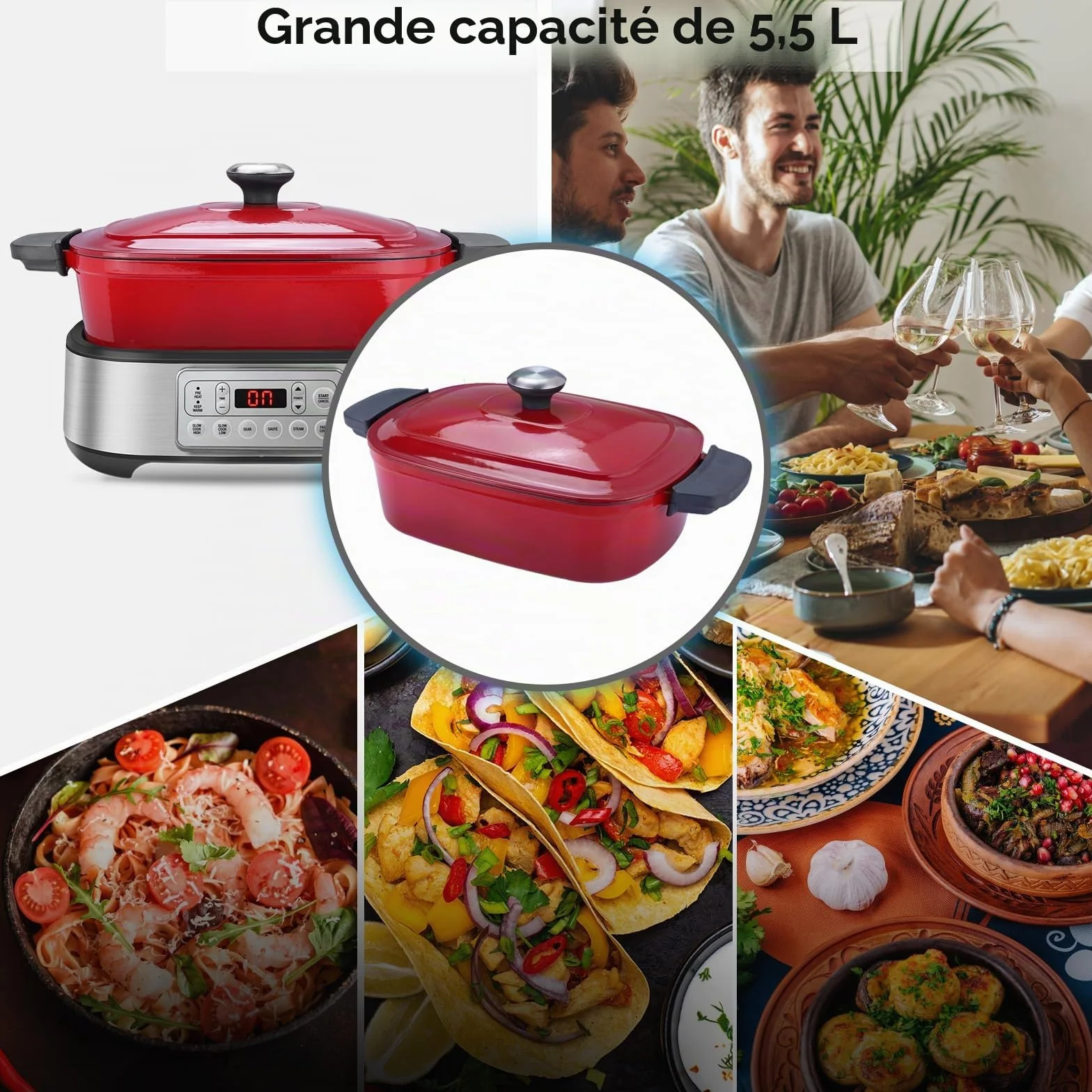 Homtone Mijoteuse électrique 6-en-1, 5,5L Multicuiseur Cocotte Amovible en Email, Revêtement Anti-adhésif en Céramique Saine Pour Cuisson Lente, Saisir, Sauter, Cuire à la Vapeur