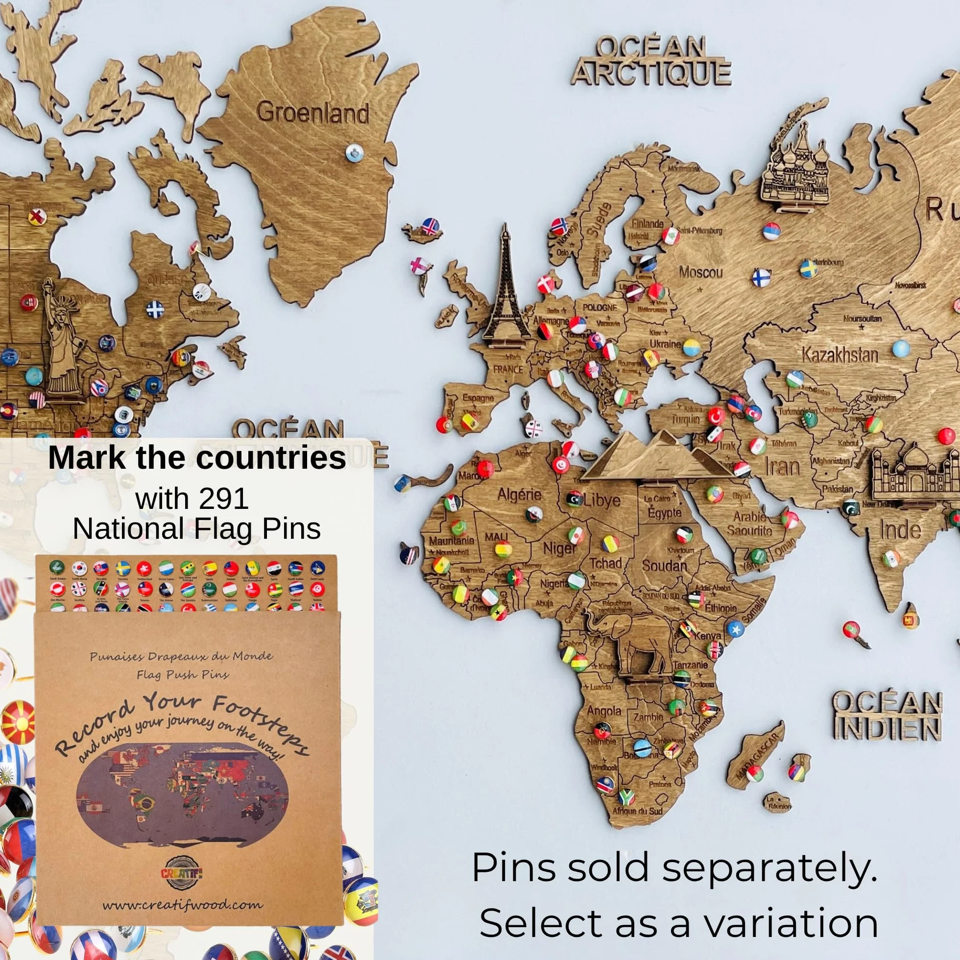 Carte du Monde Murale en Bois 2D – Mappemonde Bois Décorative | Planisphère Mural | Wooden World Map | Décoration Murale Salon Bureau | Idée Cadeau Voyageur (Dark, 100L x 70l cm)