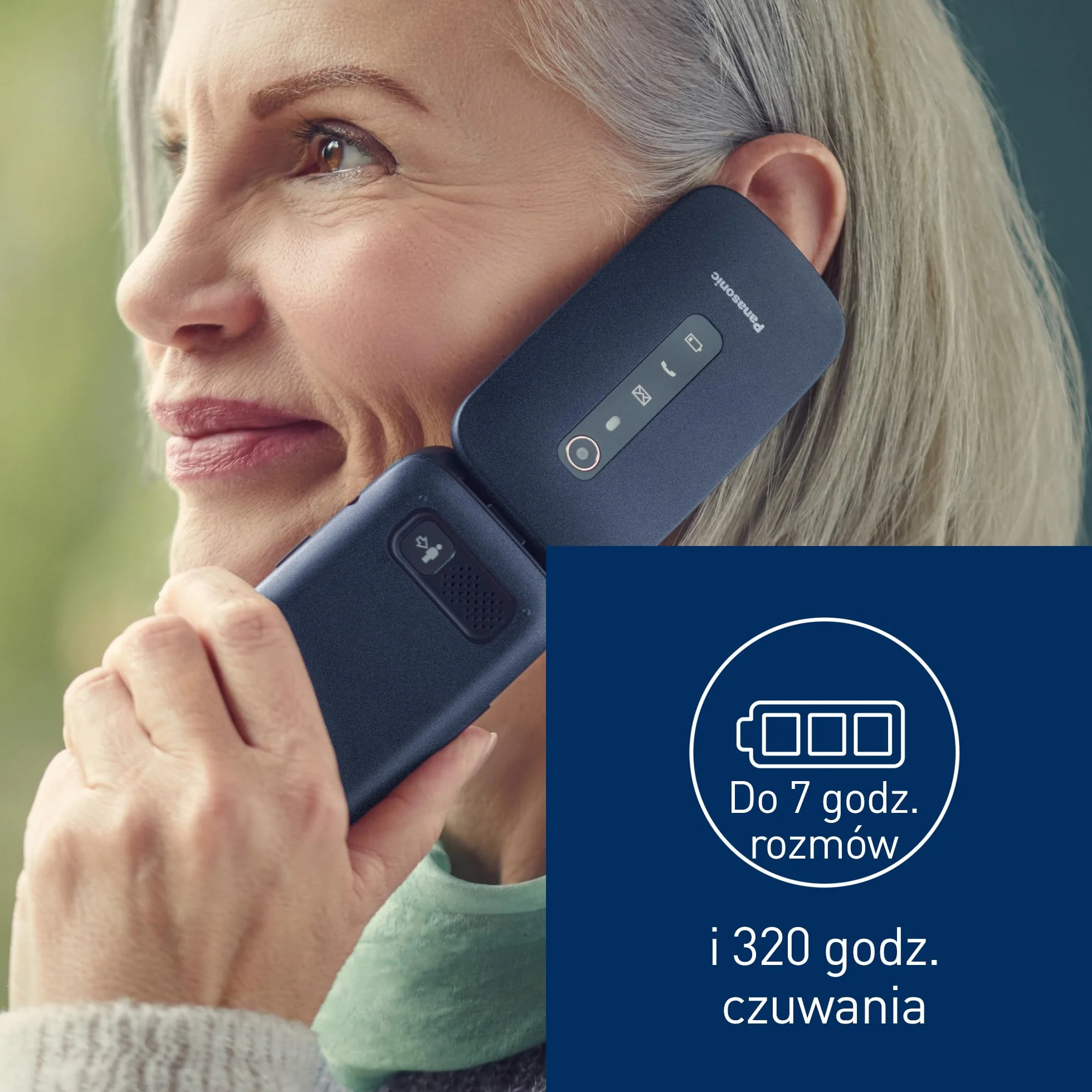 Panasonic KX-TU550 telefon dla seniora z klapką (duży ekran 2,8", aparat 1,2 MP, Clear Voice VoLTE, połączenia priorytetowe, tryb głośnomówiący), niebieski
