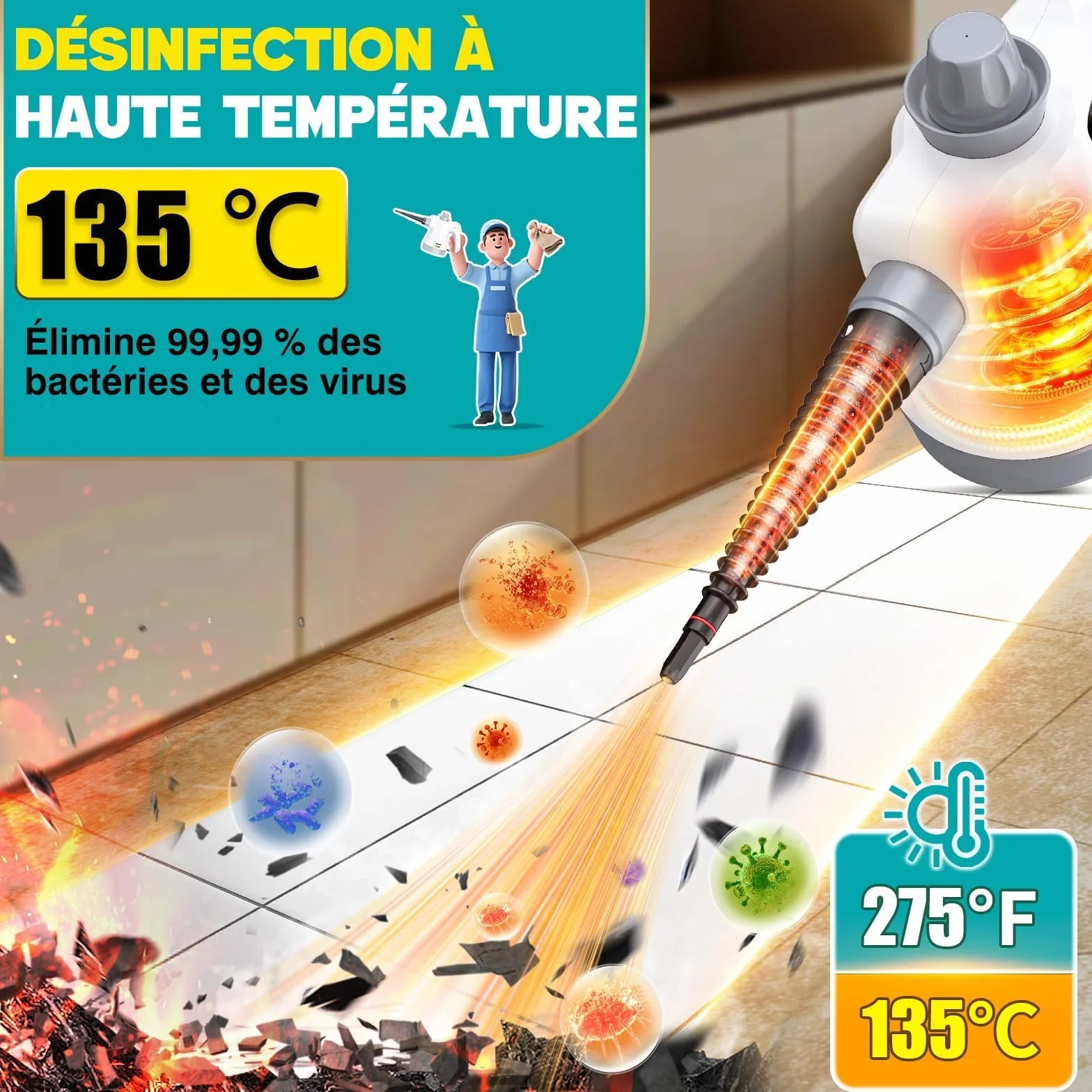 Nettoyeur Vapeur Portatif 1050W, Appareil Multifonction pour Cuisine, Salle de Bain, Voiture