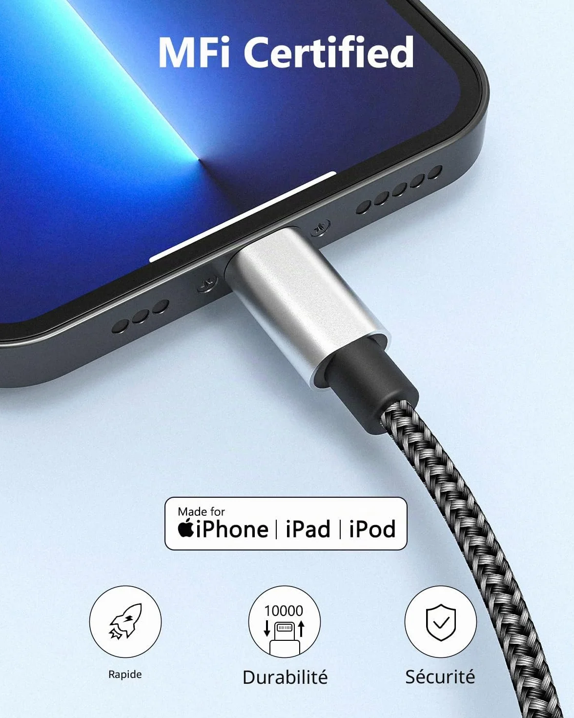 IDISON Cable Chargeur iPhone Lot de 5 MFi Tresse 2M 1M 3M