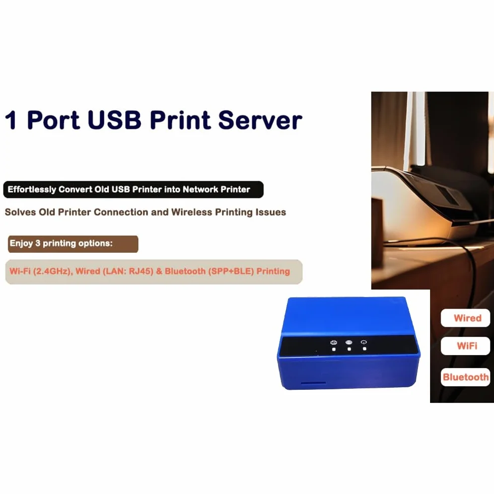 Bluetooth Ethernet WiFi Printing Server: Przekształć swoją drukarkę USB w drukarkę bezprzewodową. Wtyczka UE