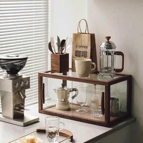 Vitrine de boulangerie, comptoir en bois avec portes en verre, vitrine à pâtisserie pour pâtisseries, biscuits, desserts, cupcakes