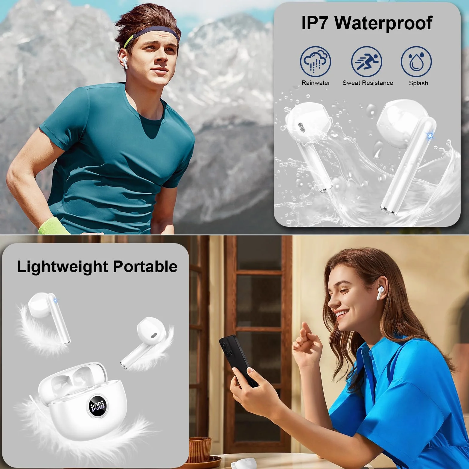 Zestaw słuchawkowy Bluetooth, 2024 Bluetooth 5.3 Stereo z 4 mikrofonem ENC, bezprzewodowe słuchawki douszne z redukcją szumów, 40 godzin bezprzewodowe słuchawki IP7, wodoodporne słuchawki Bluetooth,