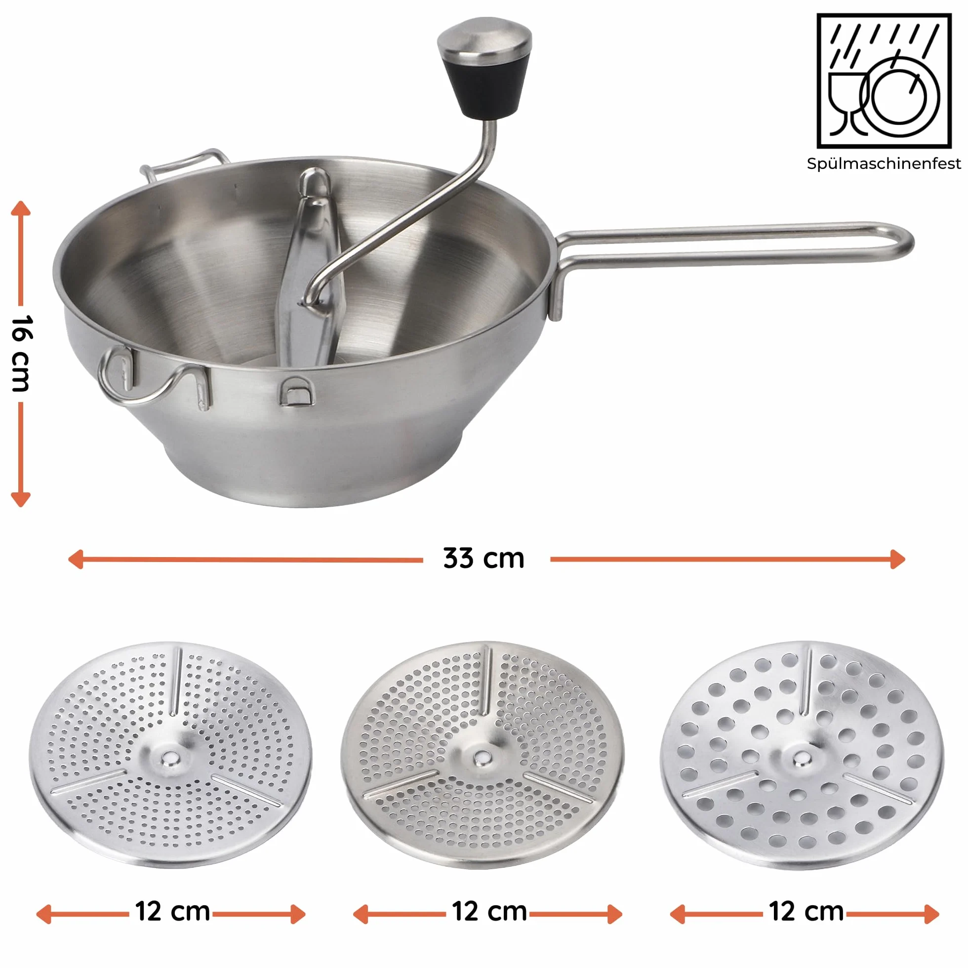 Wenburg Moulin à Légumes Manuel Acier Inoxydable avec 3 Tamis, Lave-Vaisselle, 19,5 cm
