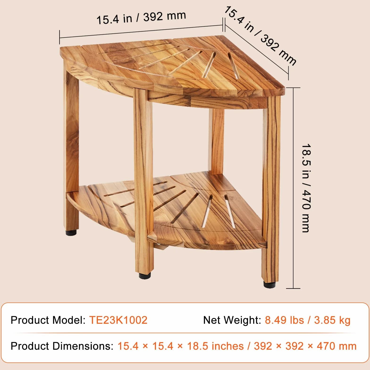VEVOR Banc de Douche d'angle, Hauteur 47 cm, Rayon 39,2 cm, Tabouret en Teck, Capacité de Charge 227 kg, avec Étagère de Rangement, pour Douche Intérieure et Extérieure, Coin, Salle de Bain, Salon