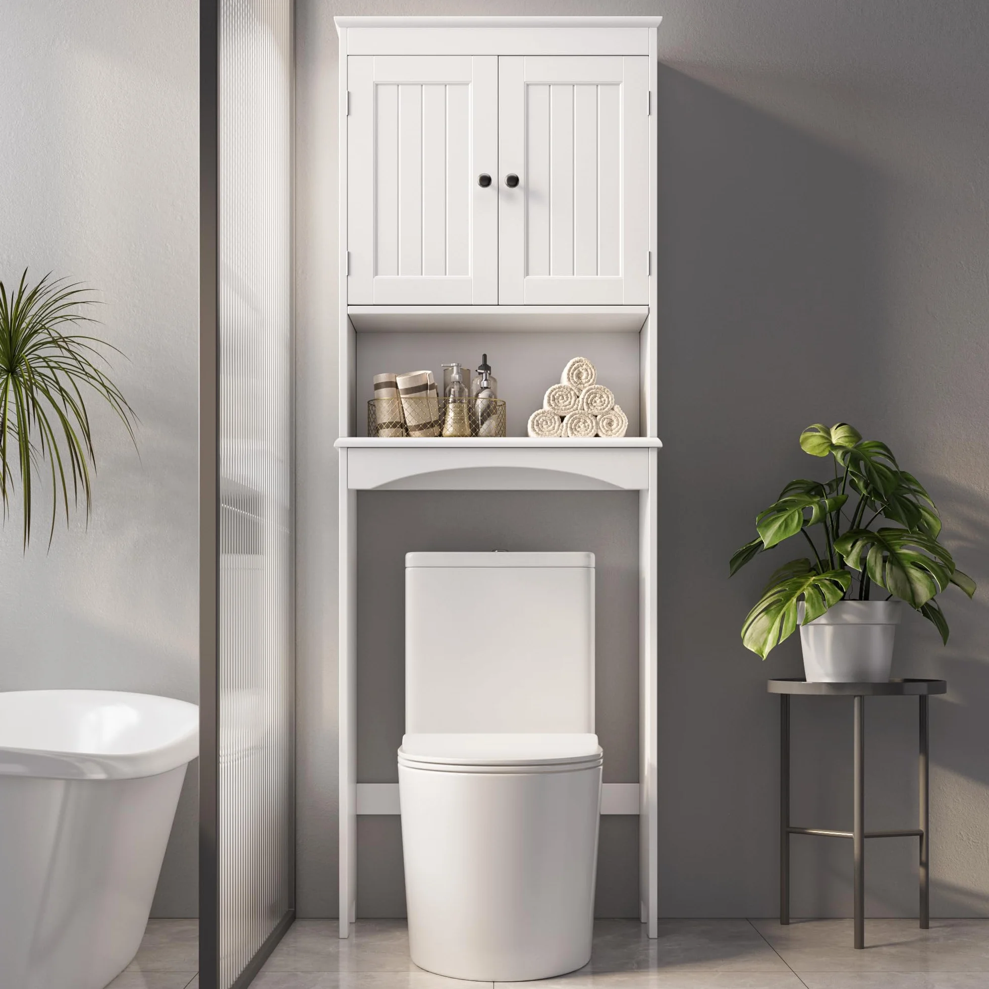 Armoire de Salle de Bain,Meuble Toilettes WC Rangement, Meuble au-Dessus des Toilettes, étagère réglable,pour Salle de Bain, Toilettes,167×60×23cm,Blanc