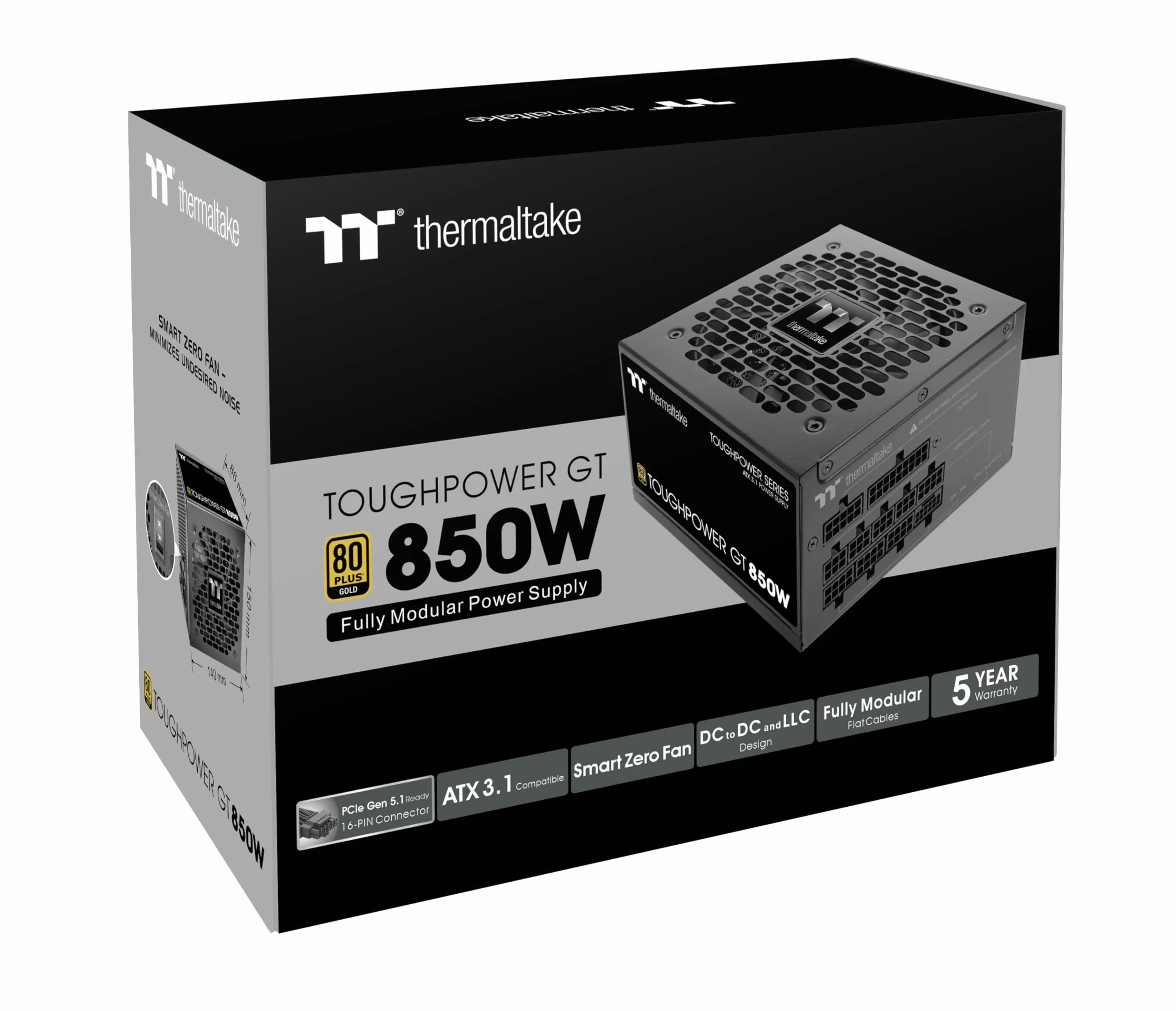 Thermaltake Toughpower GT 850W | ATX 3.1 | PCIe 5.1 12V-2x6-Anschluss | ultraleise Smart-Zero-Funktion | Low Profile Kabel | 80+ GOLD | Modular