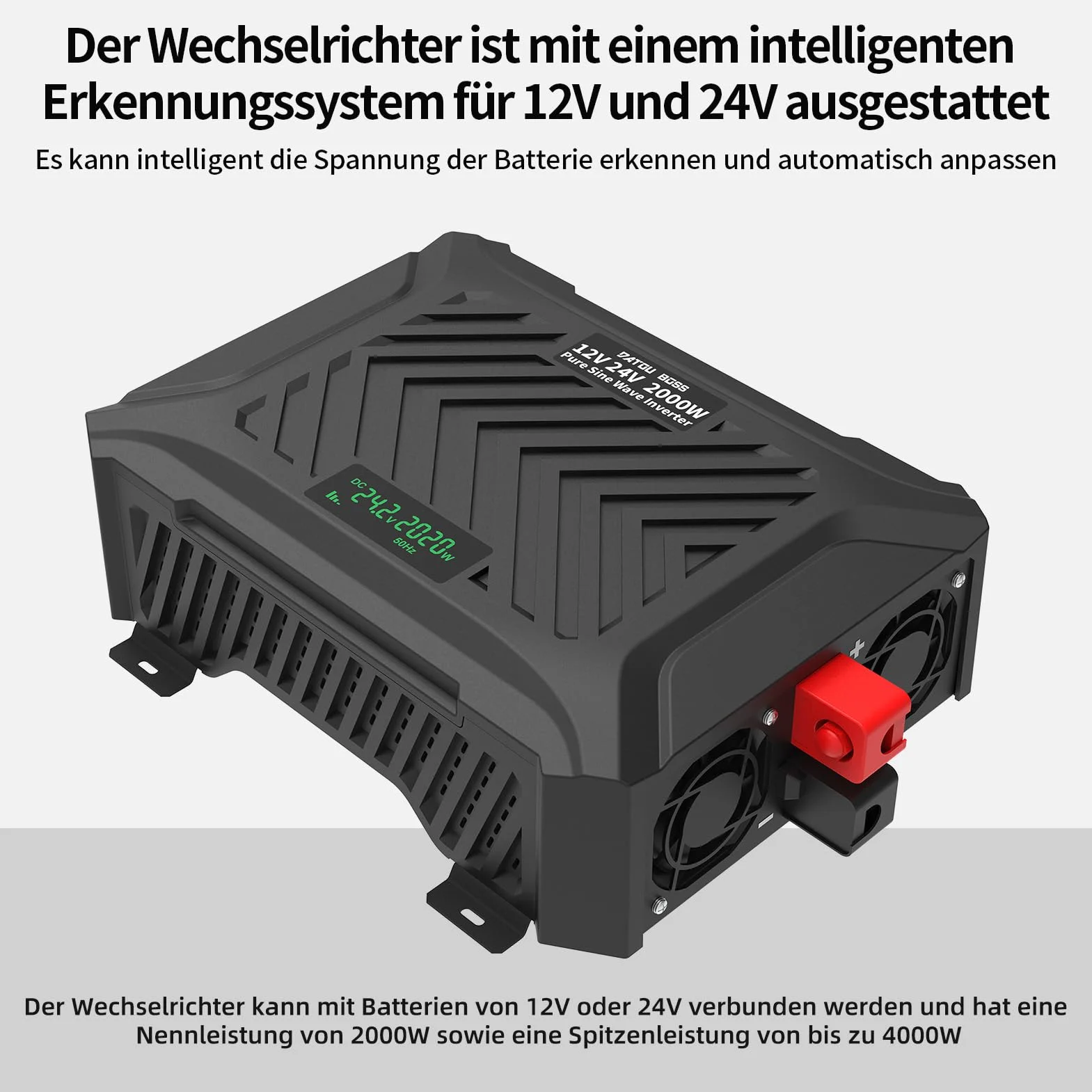DATOUBOSS 2. generacji uniwersalna przetwornica napięcia 12V/24V na 230V 2000W/4000W czysta sinusoida z inteligentnym systemem rozpoznawania, Falownik Czysty Sinus z wyświetlaczem LCD, 2 gniazdami EU