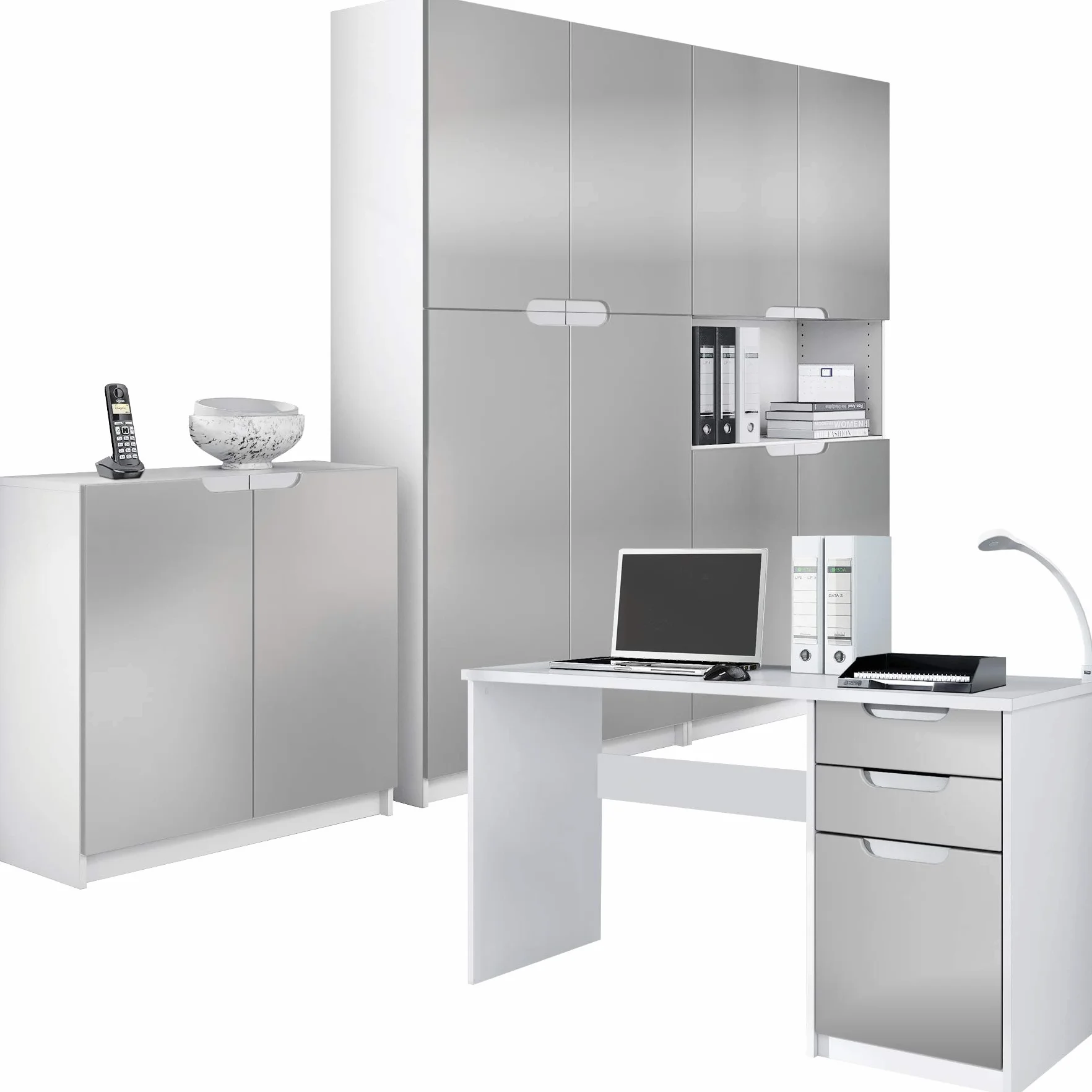 Vladon Ensemble de Meubles de Bureau Armoire Commode Rangement Logan, Blanc Mat/Gris Clair satiné