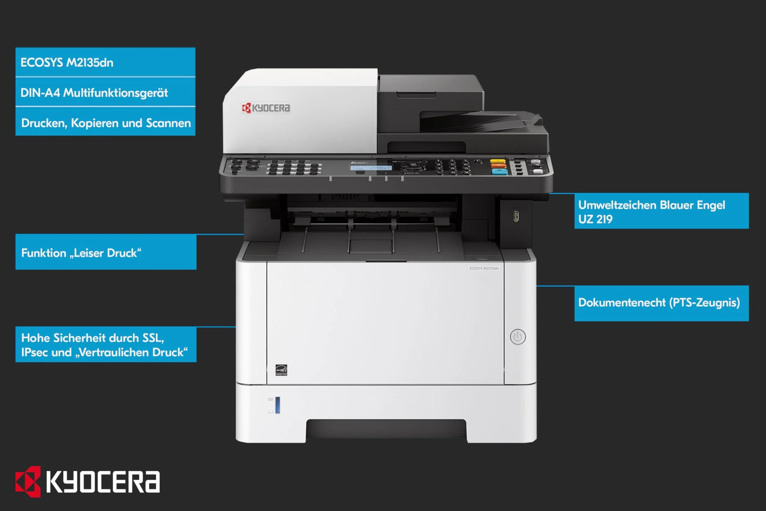 Kyocera Ecosys M2135dn Imprimante multifonction noir et blanc copie scanner support mobile