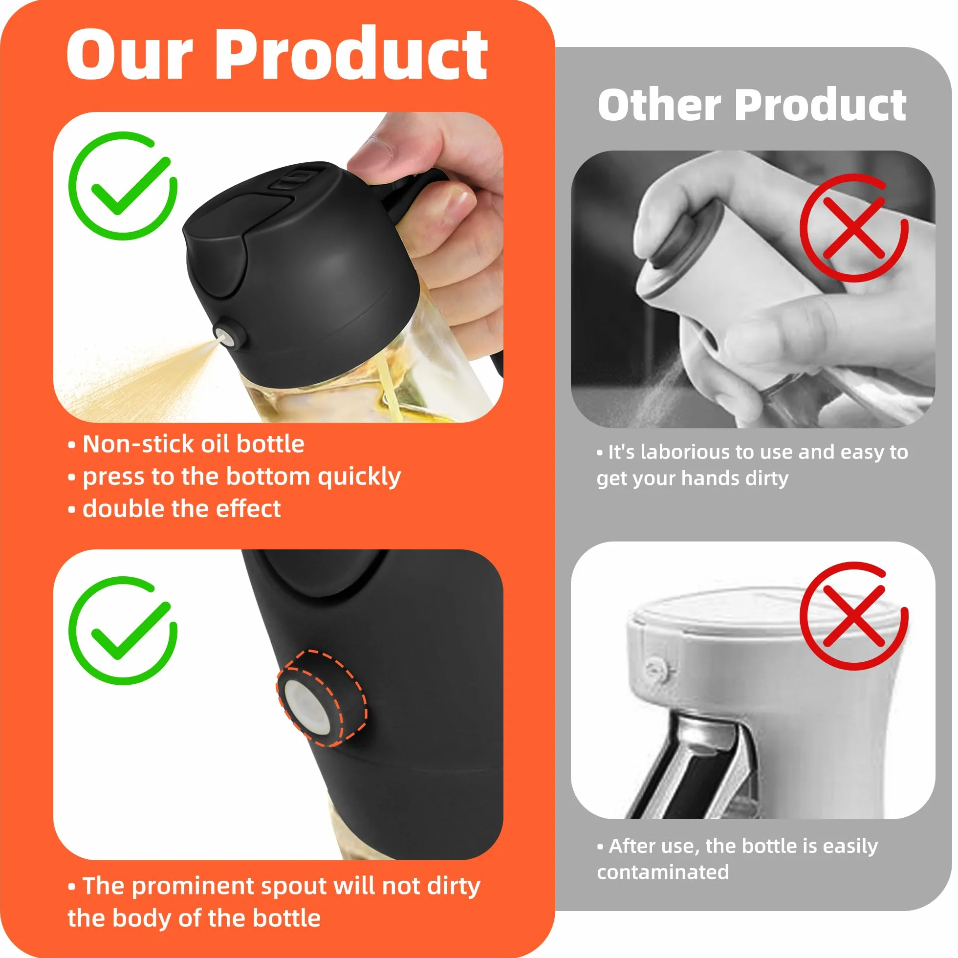 Spray Huile Cuisine 470ml Vaporisateur 2-en-1 Air Fryer Cuisson Salades Vinaigre Noir