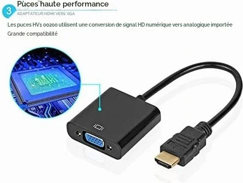 Adaptateur HDMI vers VGA mâle vers femelle 1080P pour Tablette PC Portable Noir