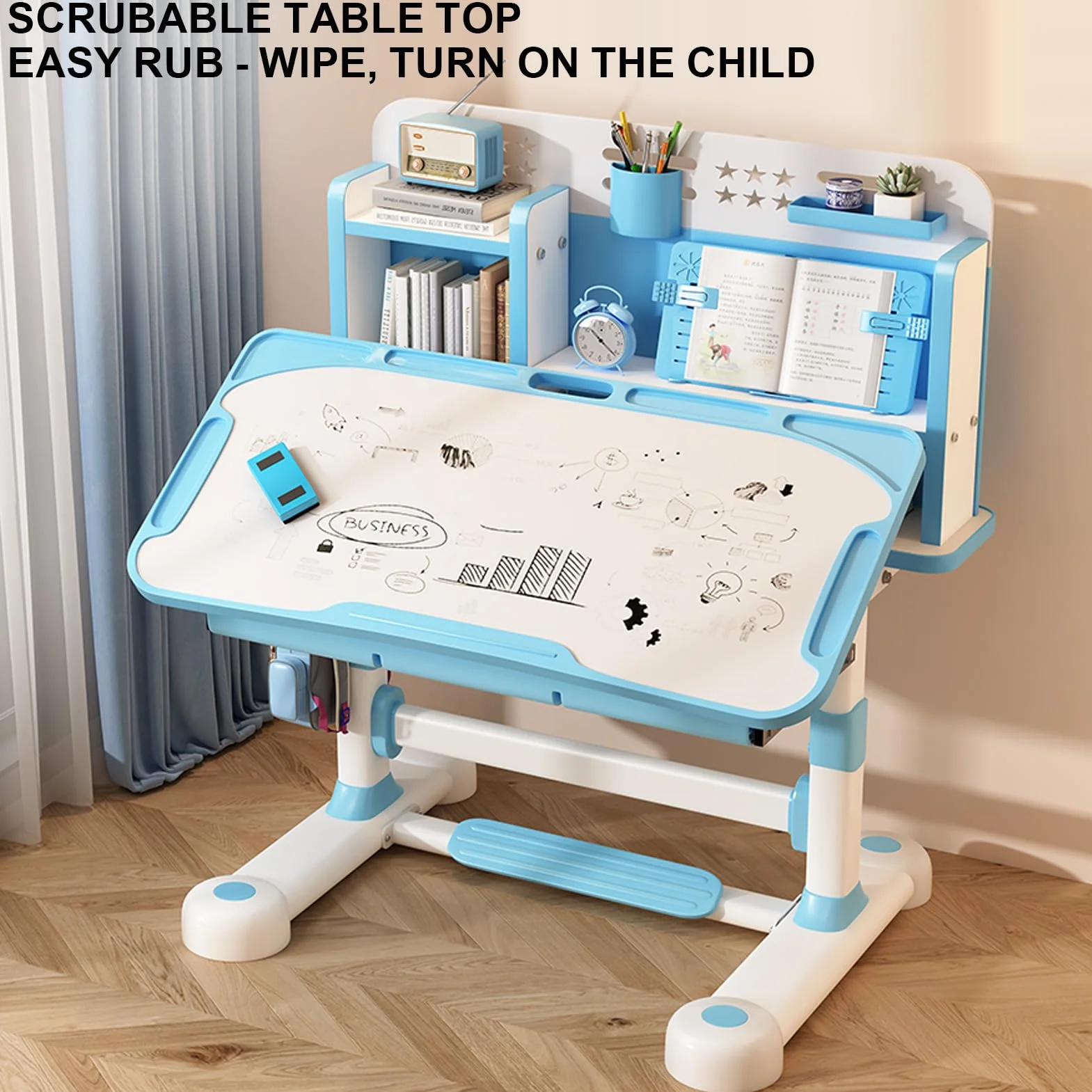 Ensemble Bureau et Chaise d'Étude pour Enfants, Bureau Évolutif avec Correcteur de Posture, Chaise Ergonomique, Support à Livres, Pédale et Design à Partitions (Bleu)