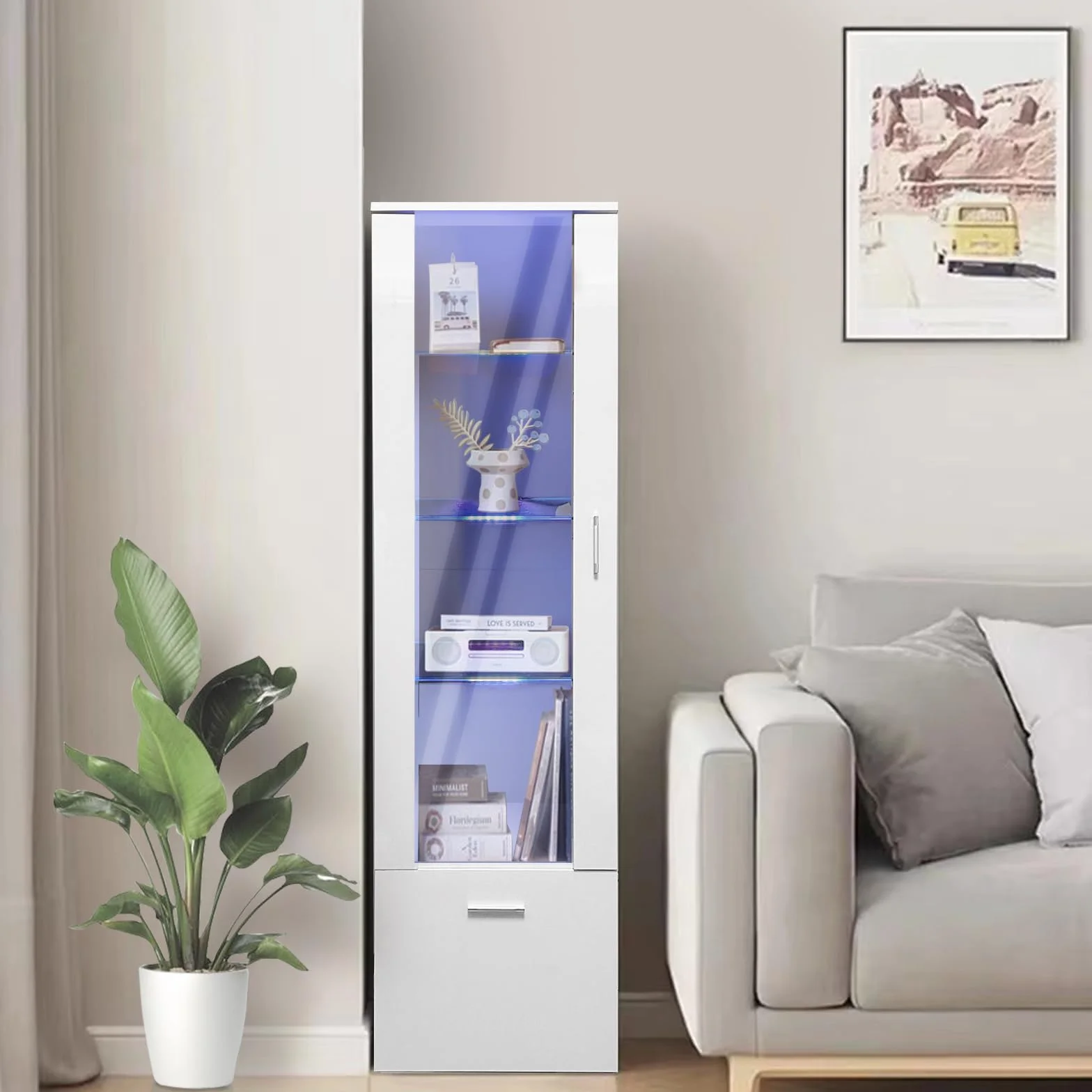 Lot de 2 Vitrines LED avec Porte et Etagères en Verre, Lumières Armoire à Meuble de Rangement pour Salon Bureau, 42 x 30 x 160 cm (Blanc)
