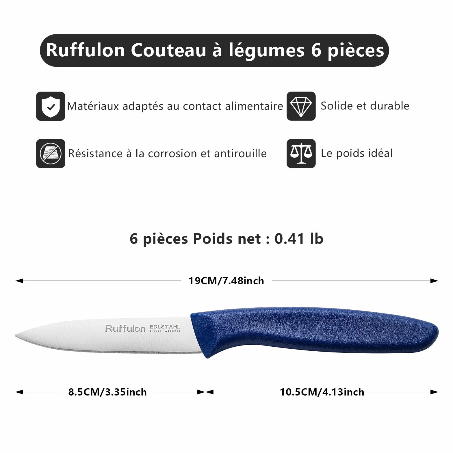 Ensemble de Couteaux à Légumes 6 Pièces, Couteaux de Cuisine en Acier Inoxydable, Tranchant