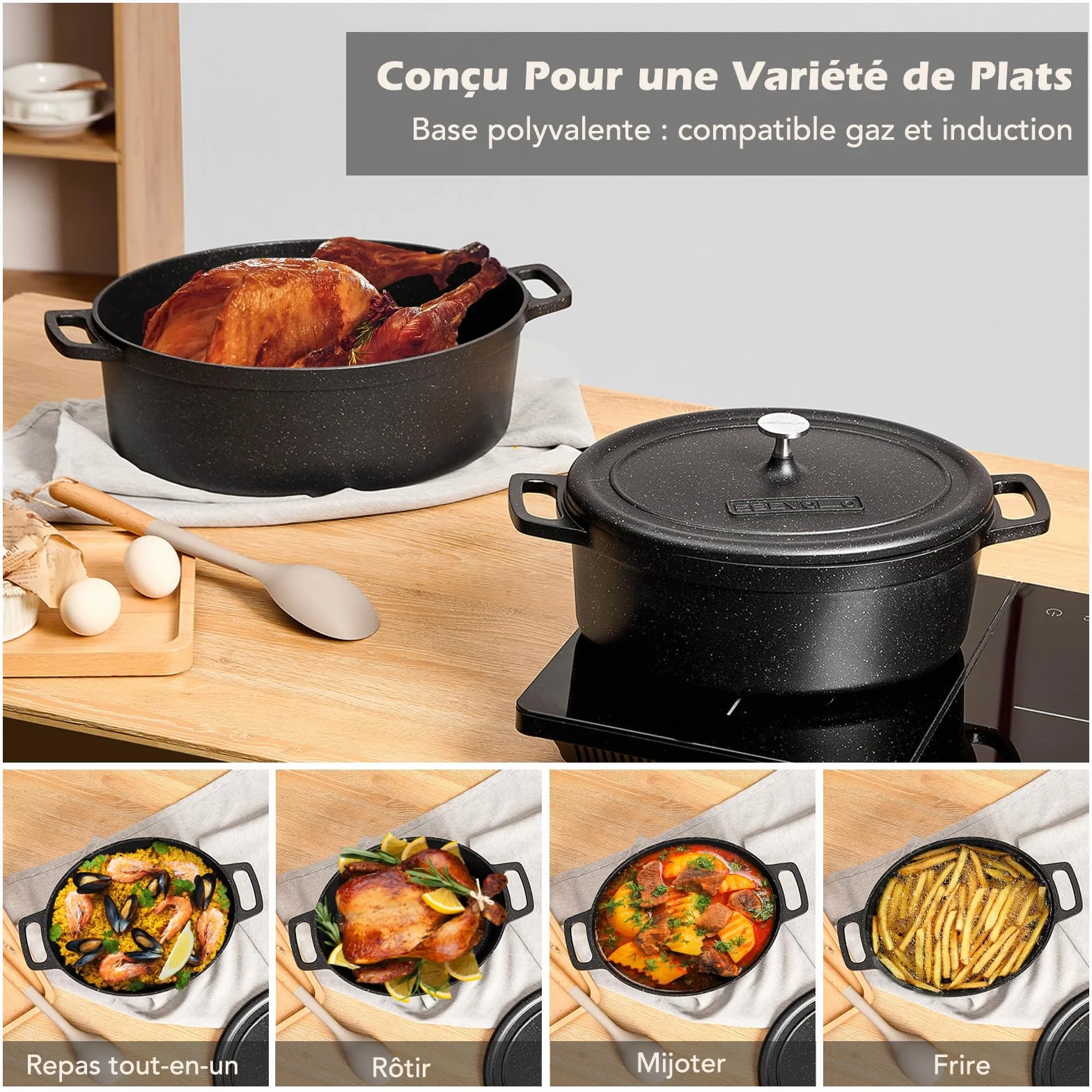 Cocotte Fonte Induction 11 Litres 38cm Ovale Faitout en Fonte d’Aluminium avec Revêtement Antiadhésif, Marmite avec Couvercle, Idéale pour les Grandes Familles, Four et Gaz, Noir