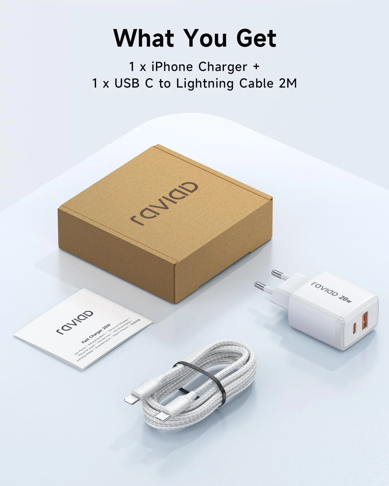 RAVIAD Kabel Do iPhone'a I Szybka Ładowarka Sieciowa [Certyfikat Mfi] Ładowarka 20W do iPhone'a, Kabel Usb-C Na Lightning 2M Z Zasilaczem Sieciowym do iPhone 14 Pro Max 13 Plus 12 11 Se X iPad