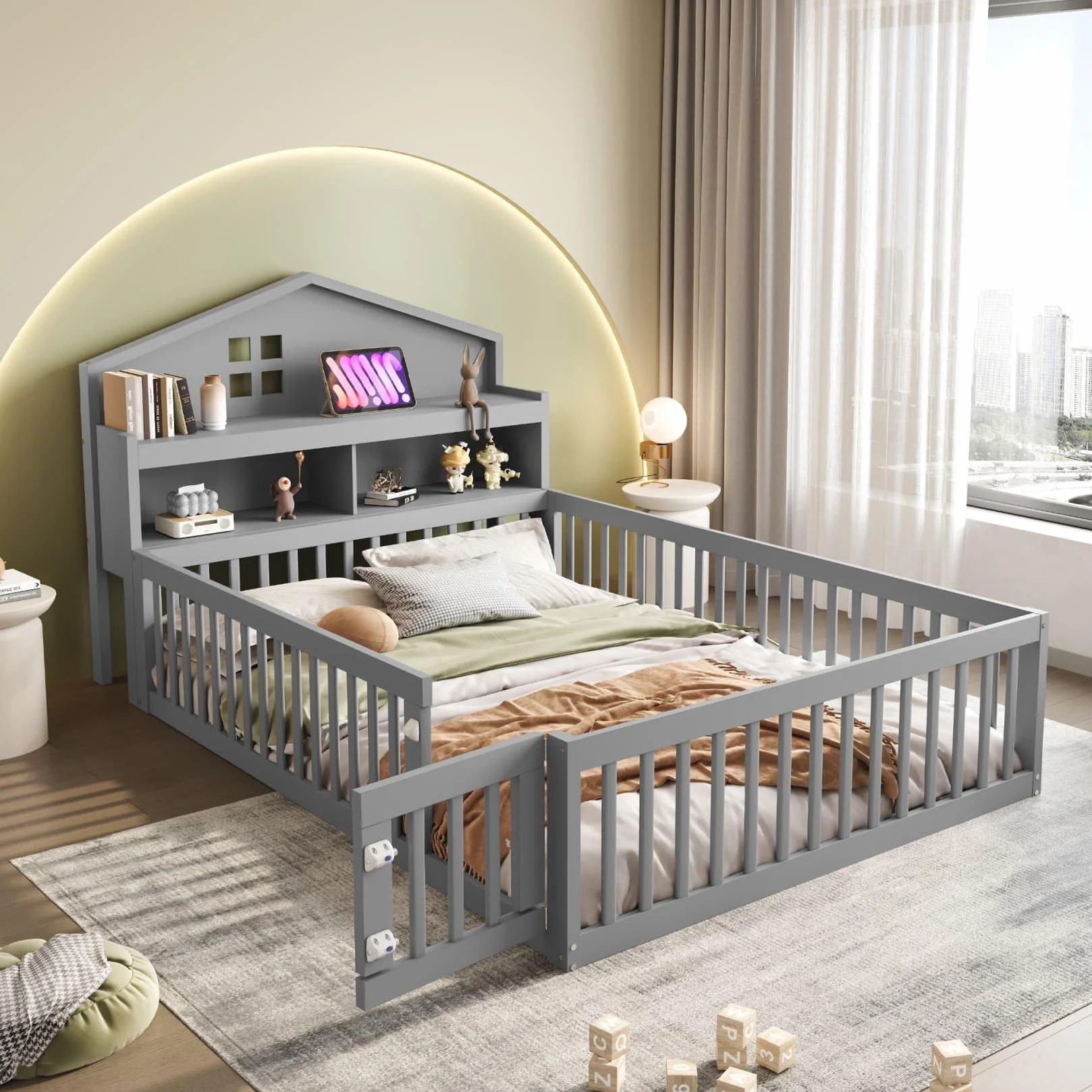Lit Au Sol Enfant 140x200 avec Rangement-étagère,Tableau Noir,Porte et Barrière de lit Haute,Cadre de Lit Montessori 2 Personnes avec Sommier à Lattes Solide,Pin (Gris, 140x200)