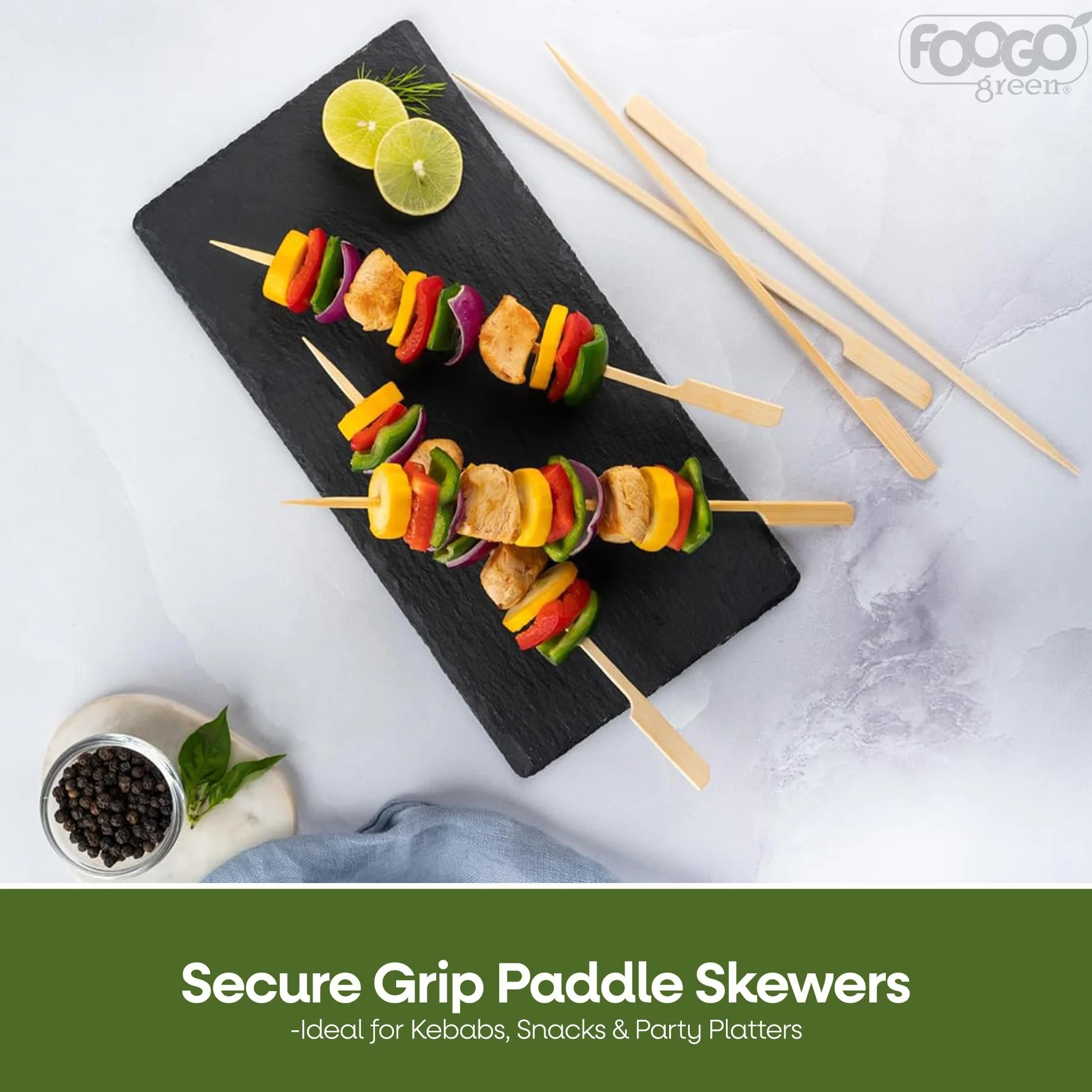 Brochettes en bambou 25cm FOOGO Green - Brochettes barbecue écologiques robustes pour fruits cocktails fête mariage