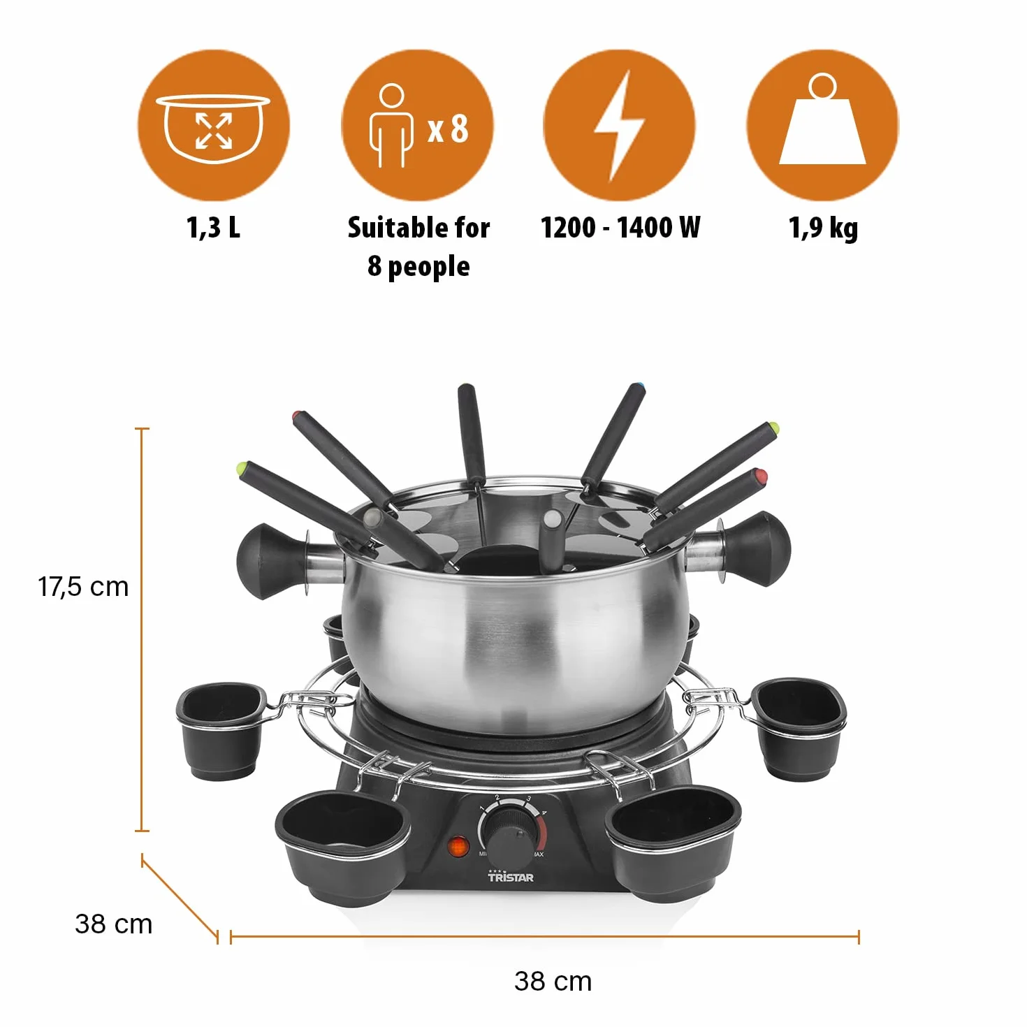 Tristar Appareil à fondue électrique - Pour tous types de fondues - Thermostat réglable - Pour 8 personnes - 1,5 L - Fourchettes incluses