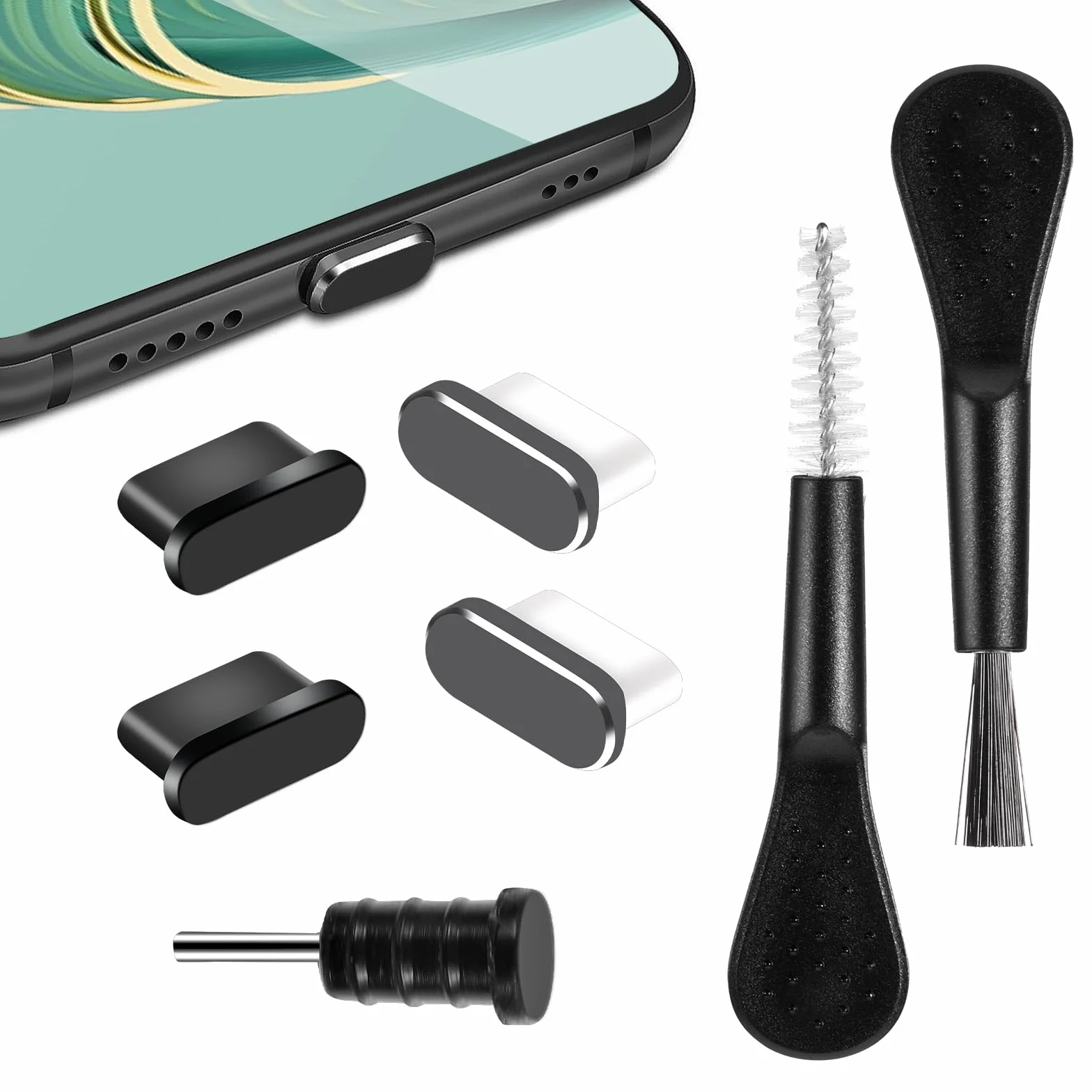4 sztuki osłony przeciwpyłowej USB C z 1 sztuką wkładu do gniazd słuchawkowych, 2 sztukami szczotek, zestaw ochrony USB C, osłona USB C, akcesoria do telefonu, osłona gniazda ładowania, ochrona