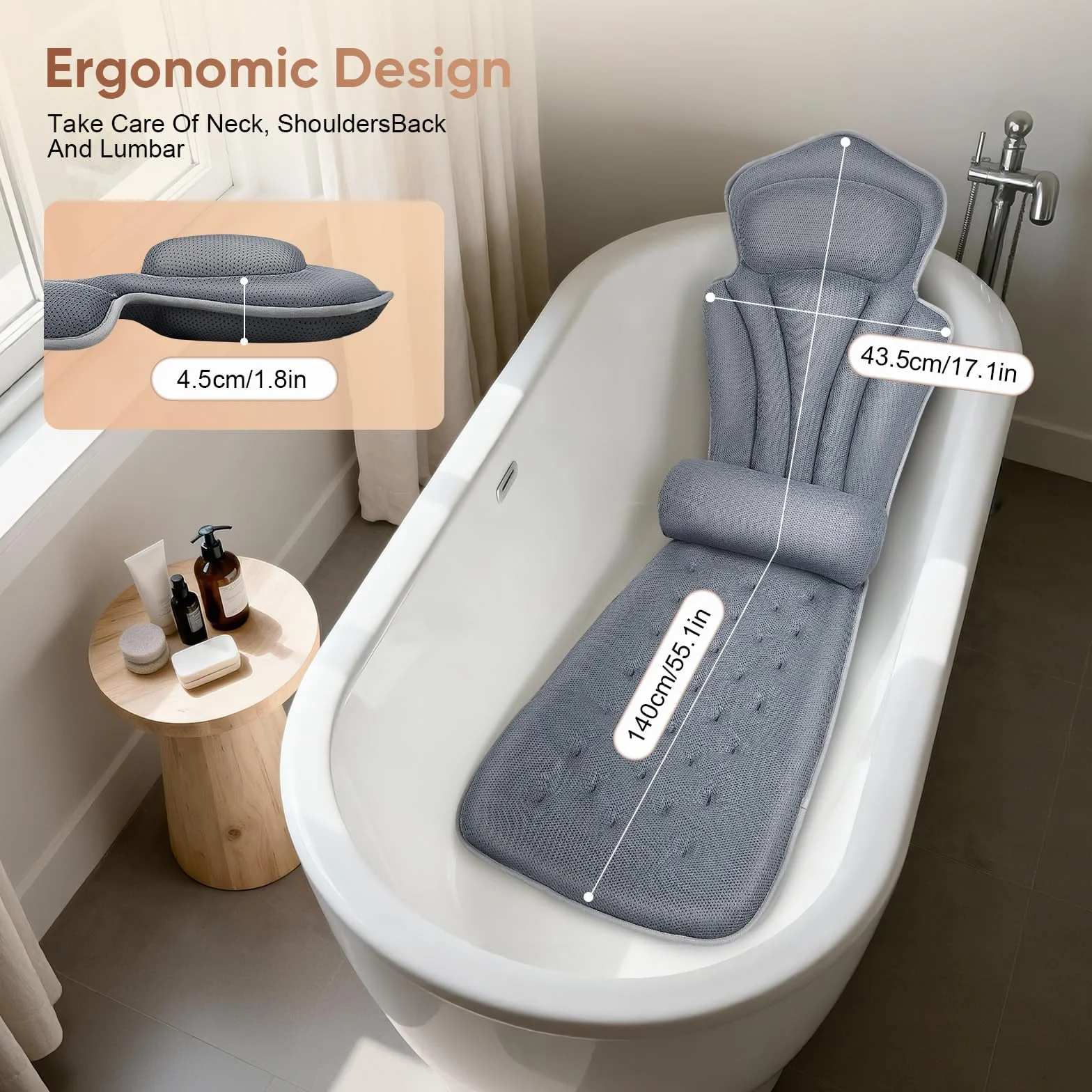 Coussin Baignoire Corps Complet 4D, Matelas de Bain, Oreiller Baignoire avec Appui-tête et Coussin supplémentaire Amovible 133 x 41 cm et Sac de Toilette