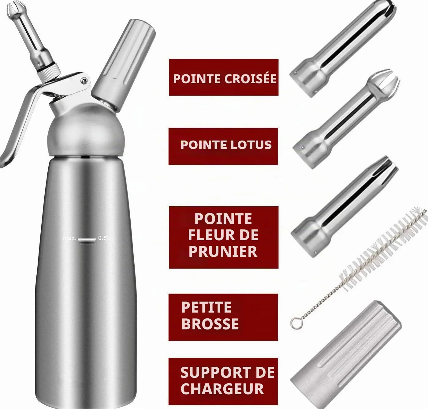 Siphon à Chantilly Professionnel 500ml avec 3 Douilles Inox Aluminium pour Mousses et Crèmes