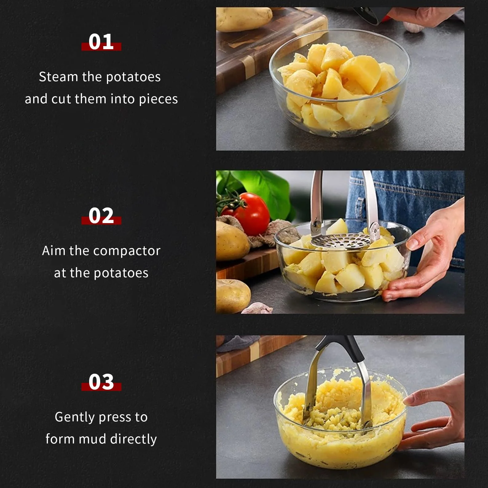 Presse-Purée en Acier Inoxydable Pliable, Ustensile de Cuisine Polyvalent pour Pommes de Terre et Légumes